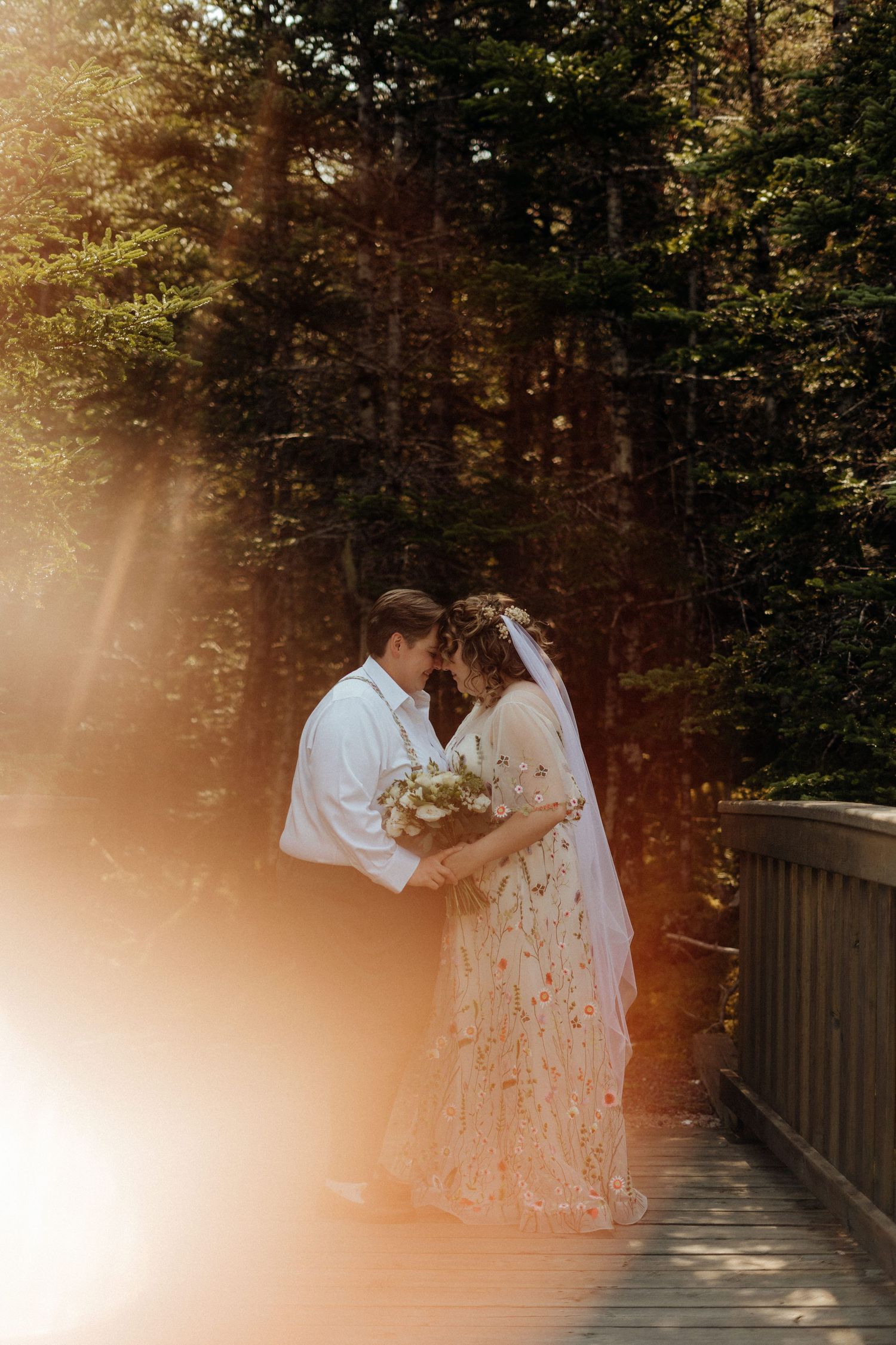Romantic woodland bridge scene with soft lighting and natural greenery.