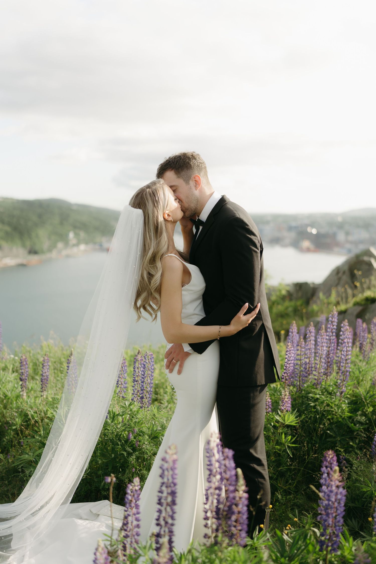An elegant coastal wedding portrait with purple lupine flowers and a flowing white veil.