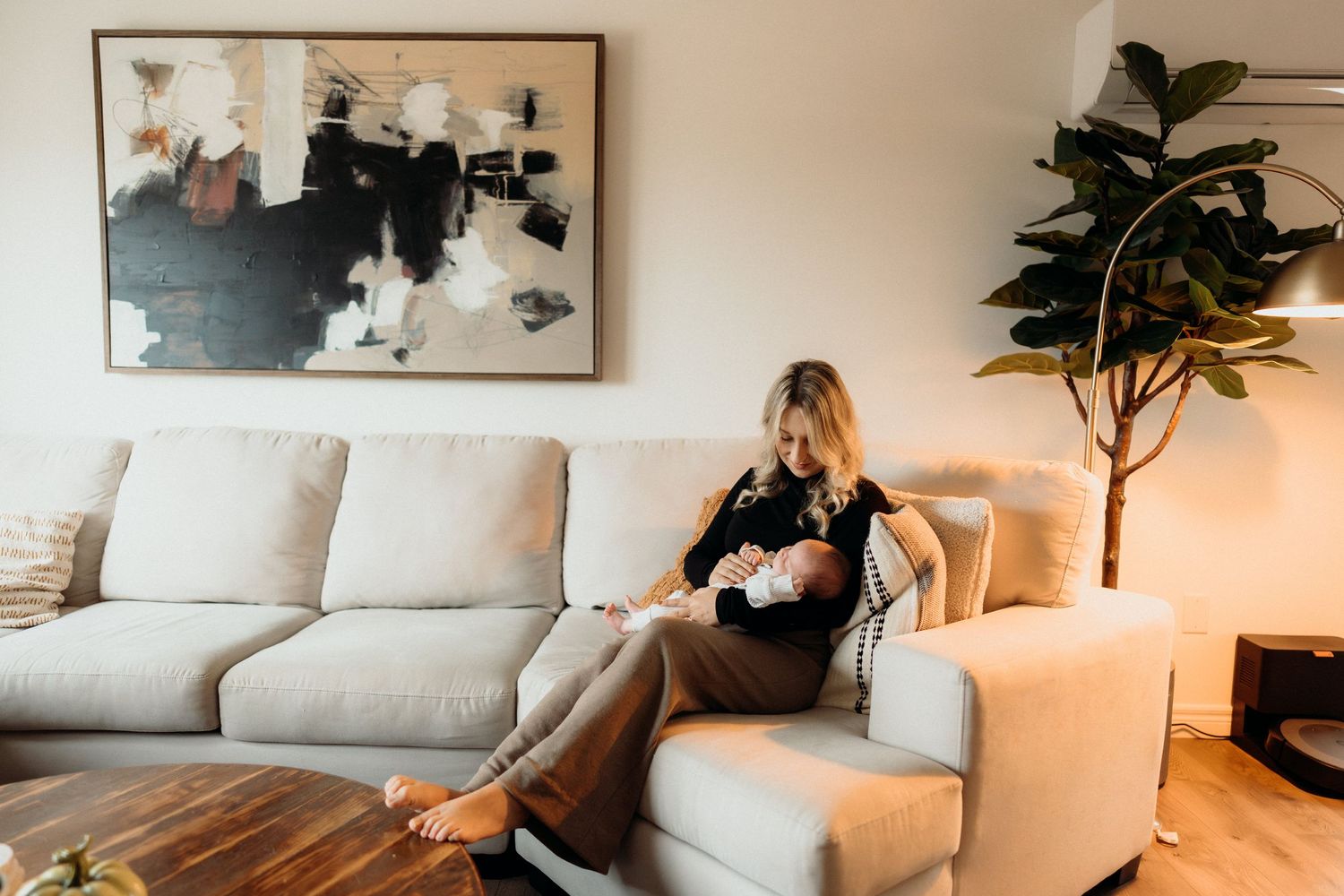 Contemporary living room featuring artwork, plants, and comfortable seating in neutral tones.