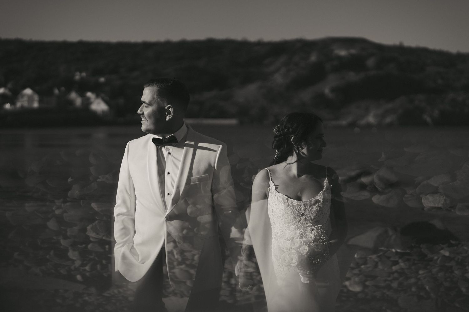 Black and white wedding photography collage showing intimate moments between a couple in formal attire.