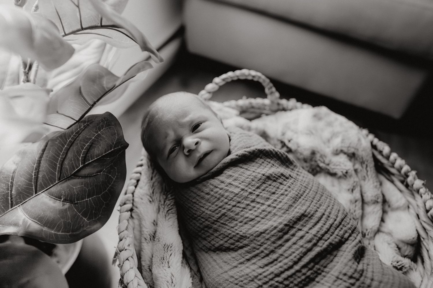 Artistic black and white shot of baby in basket with textured blanket.