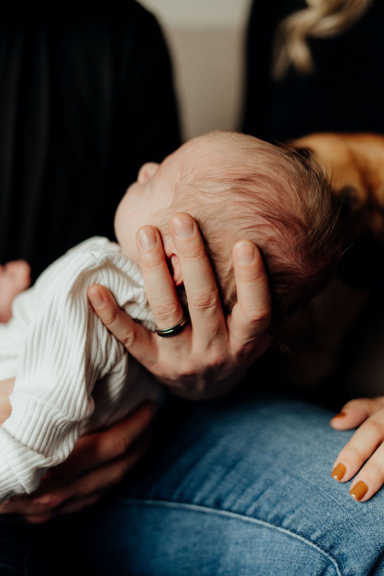 Close-up shot of hands tenderly holding a newborn baby in a white sweater.