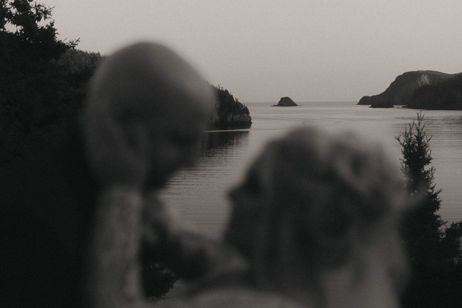 Silhouetted figures stand against a misty coastal landscape at dusk.