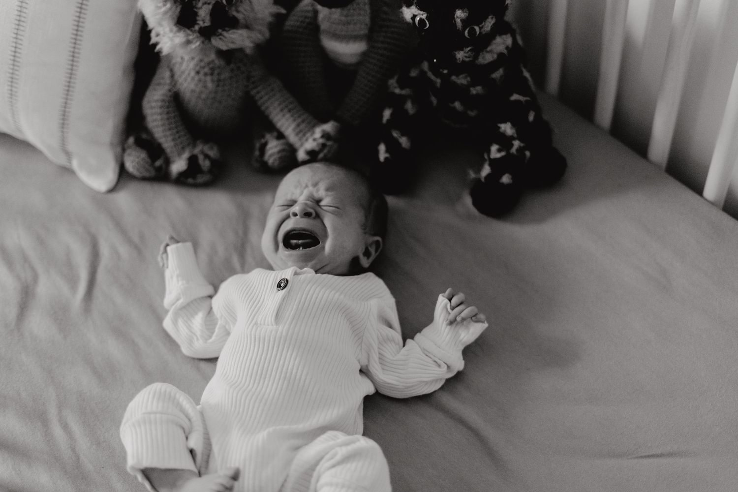 Baby laying in crib with stuffed animals visible in black and white photograph.