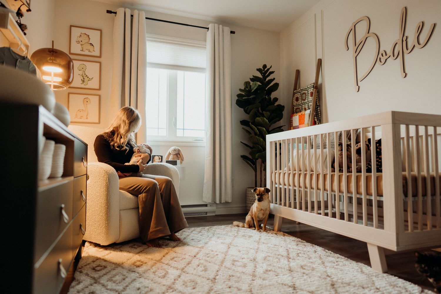 Cozy nursery room with natural lighting streaming through window and plush animal decorations.
