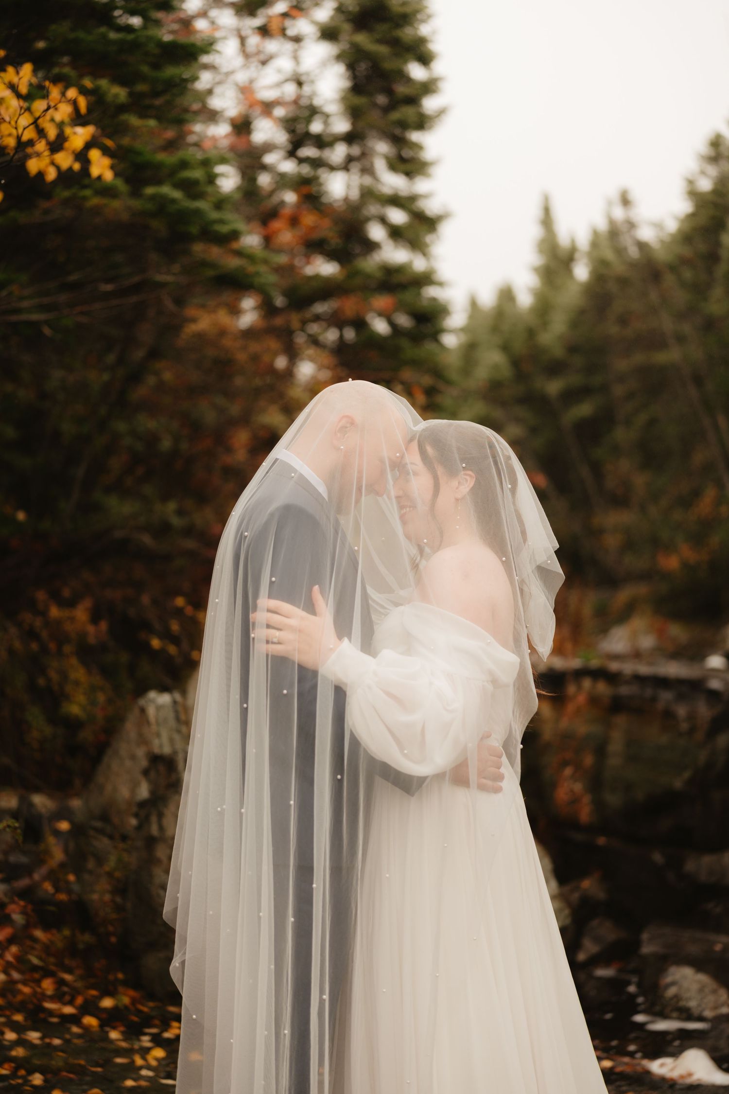 A romantic autumn wedding photo showing a bride in a flowing white veil against a backdrop of evergreen trees and fall foliage.
