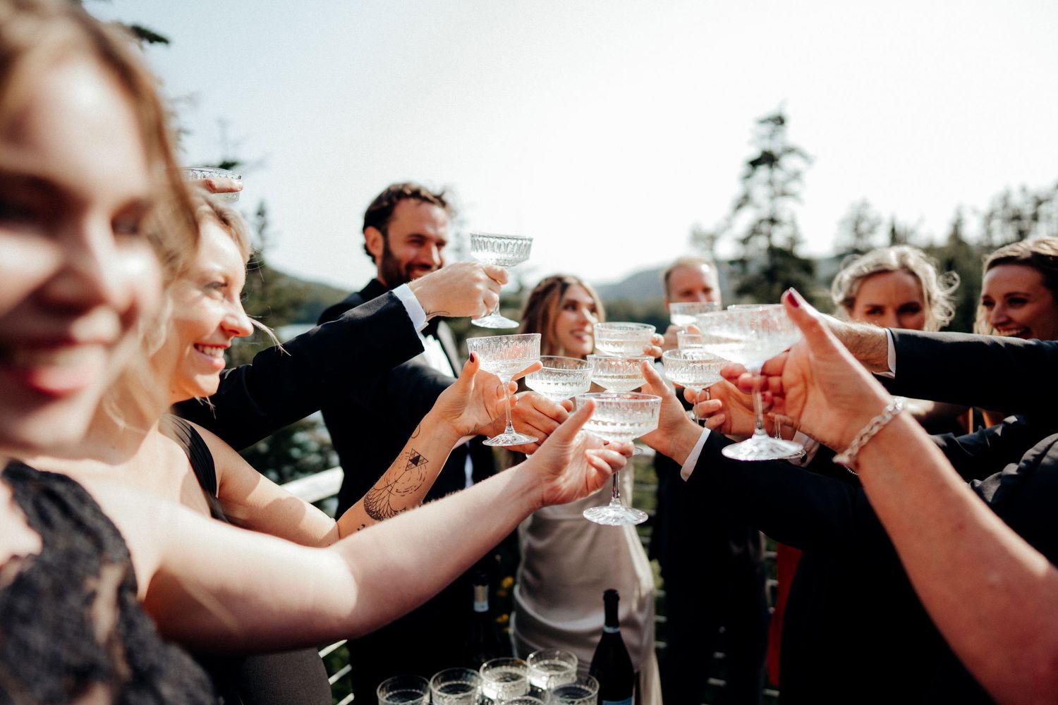Wedding guests raise champagne glasses in a joyful outdoor toast celebration.