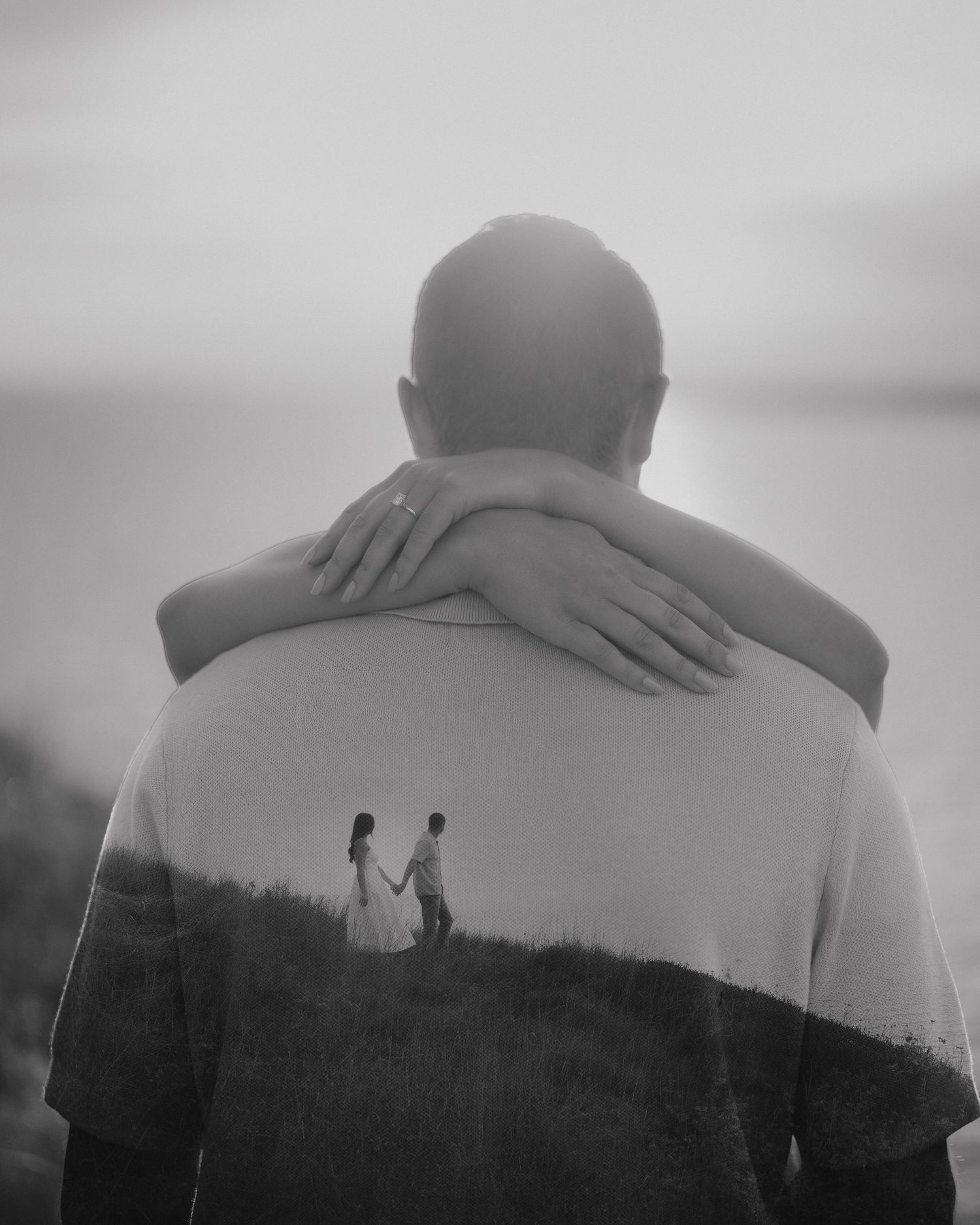 A series of black and white images showing hands on shoulders and silhouettes against a misty landscape.