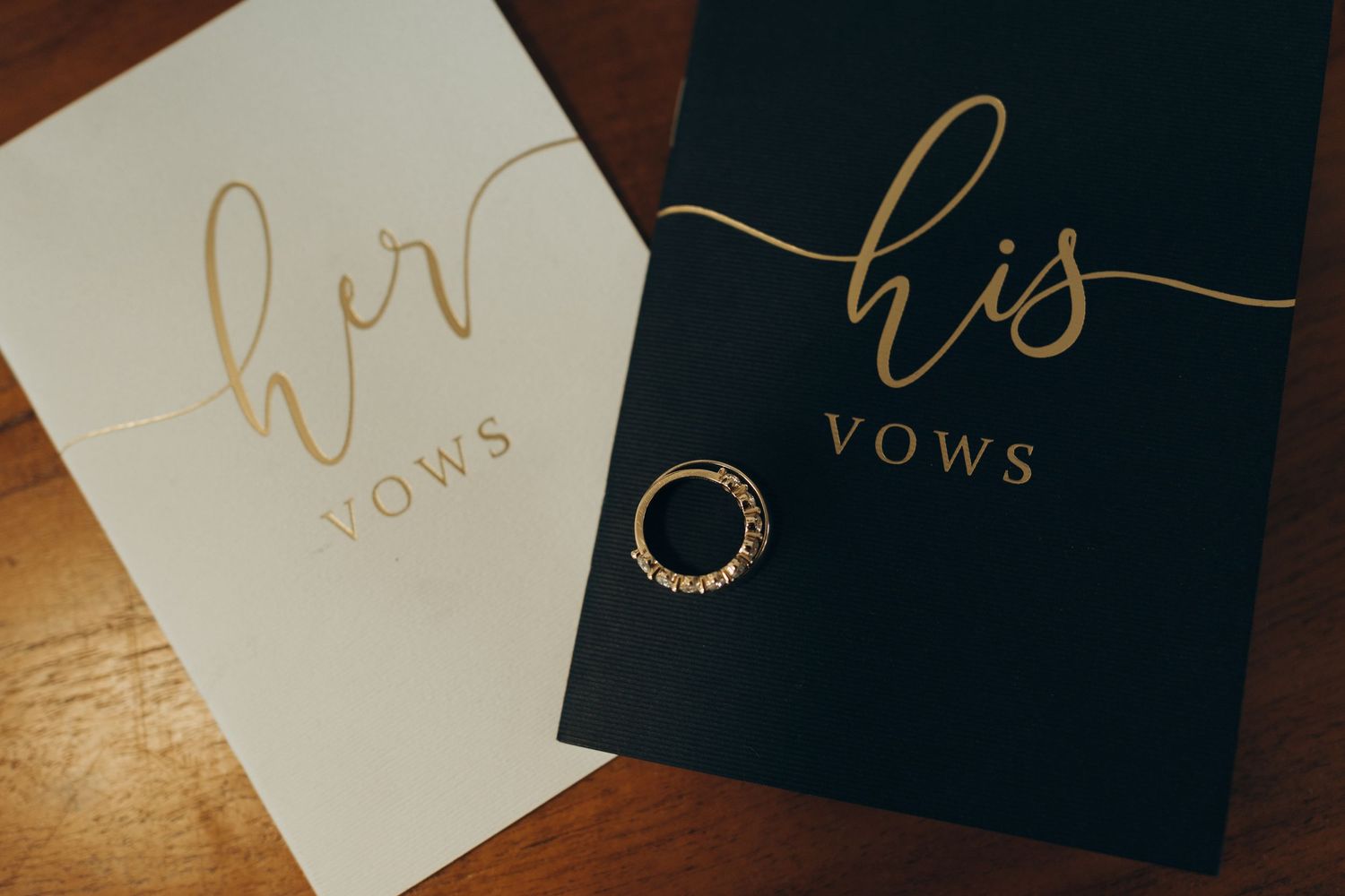 Wedding vow books in white and navy blue with gold lettering lay beside a wedding ring on wooden surface.