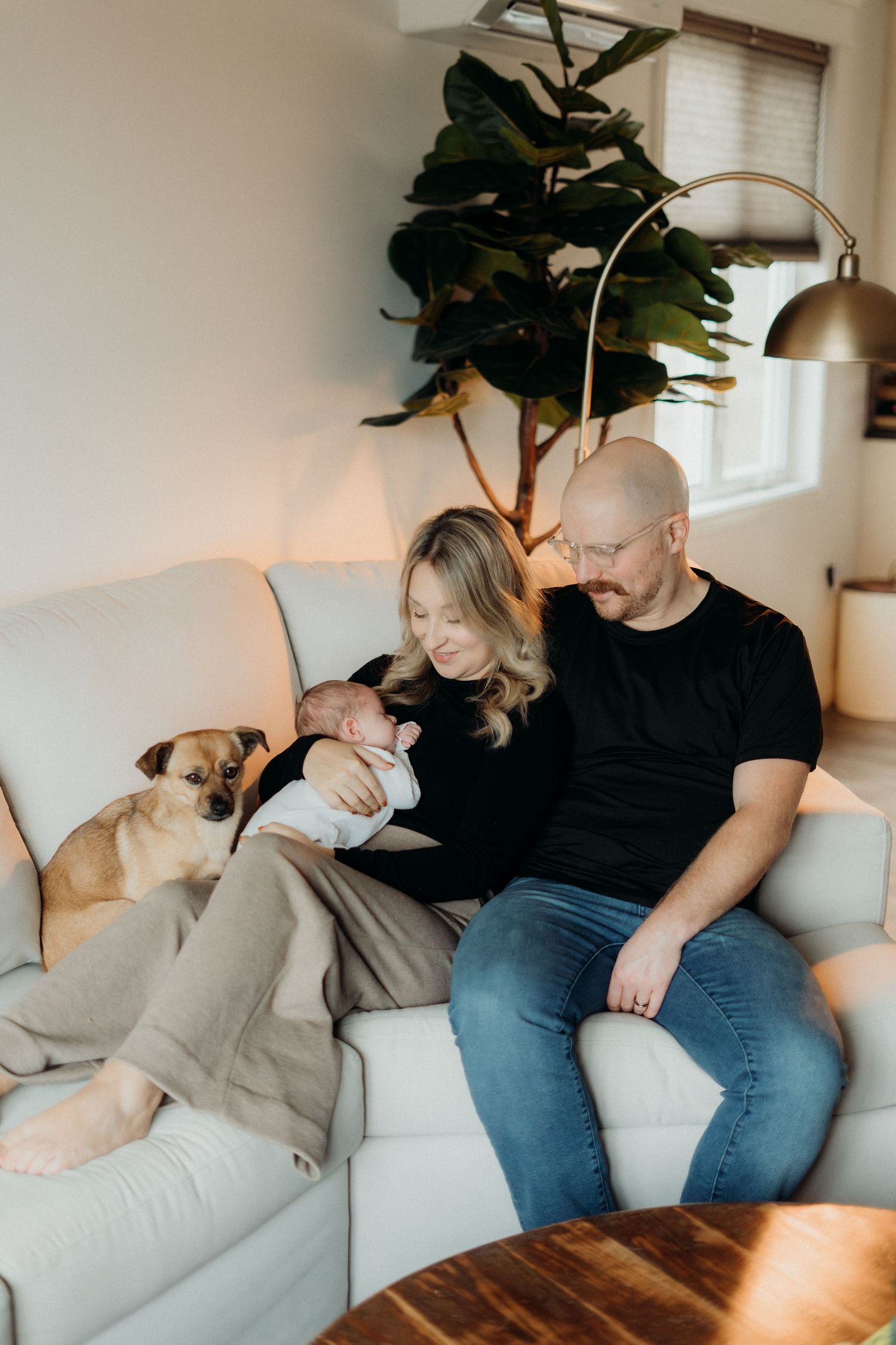 Wide angle view of family and pet dog relaxing together on light gray sectional sofa.
