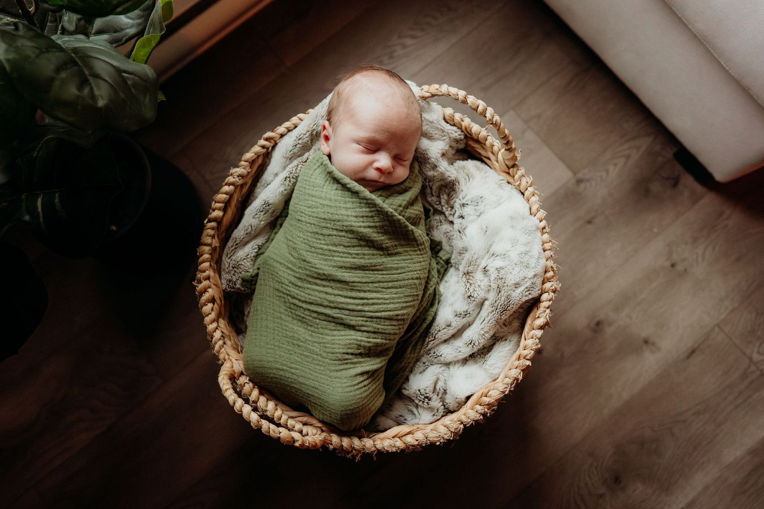 Newborn baby resting peacefully in round wicker basket with plush toy companion.
