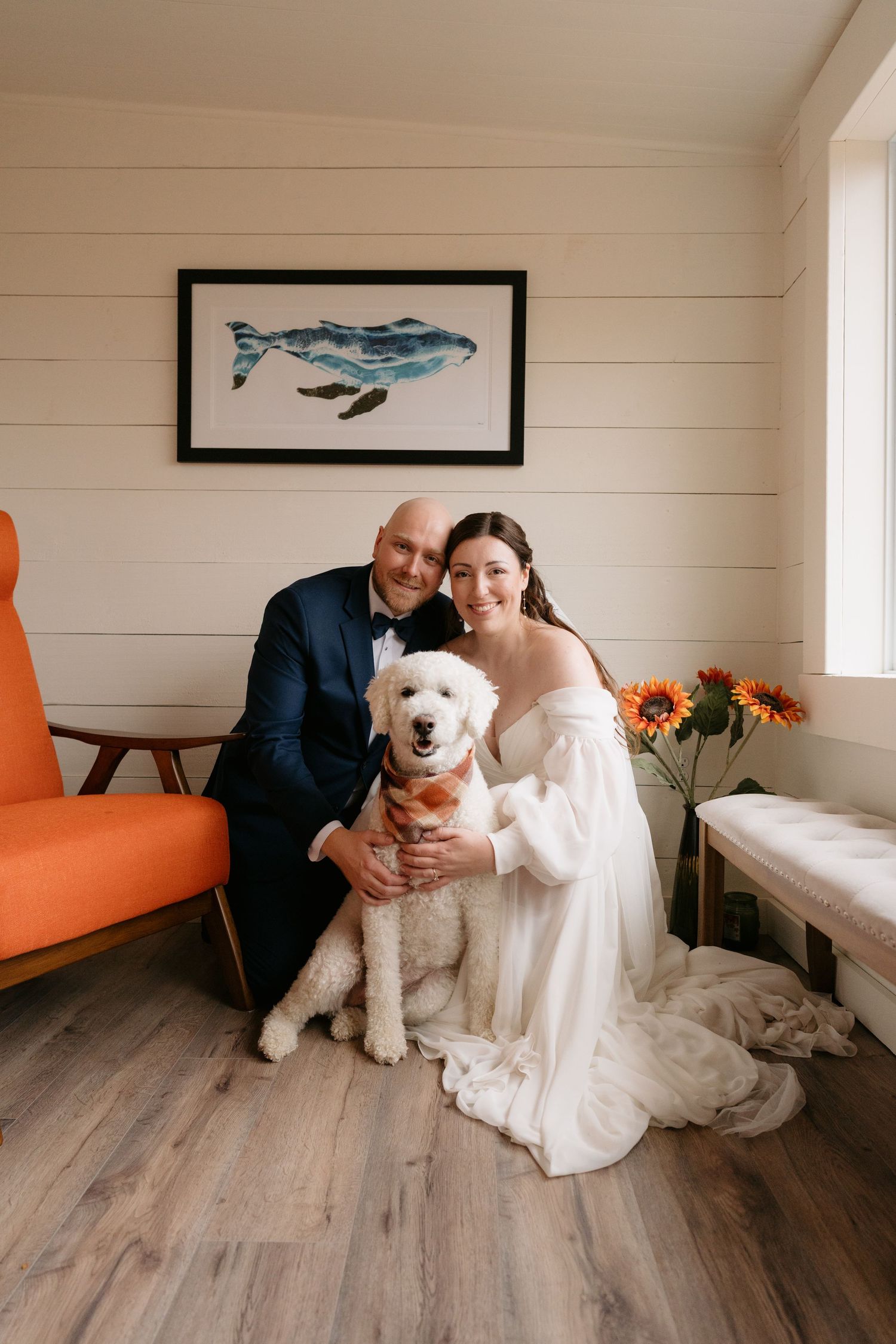 A couple poses with their fluffy white dog in a room with wood floors and white walls during a photo session.