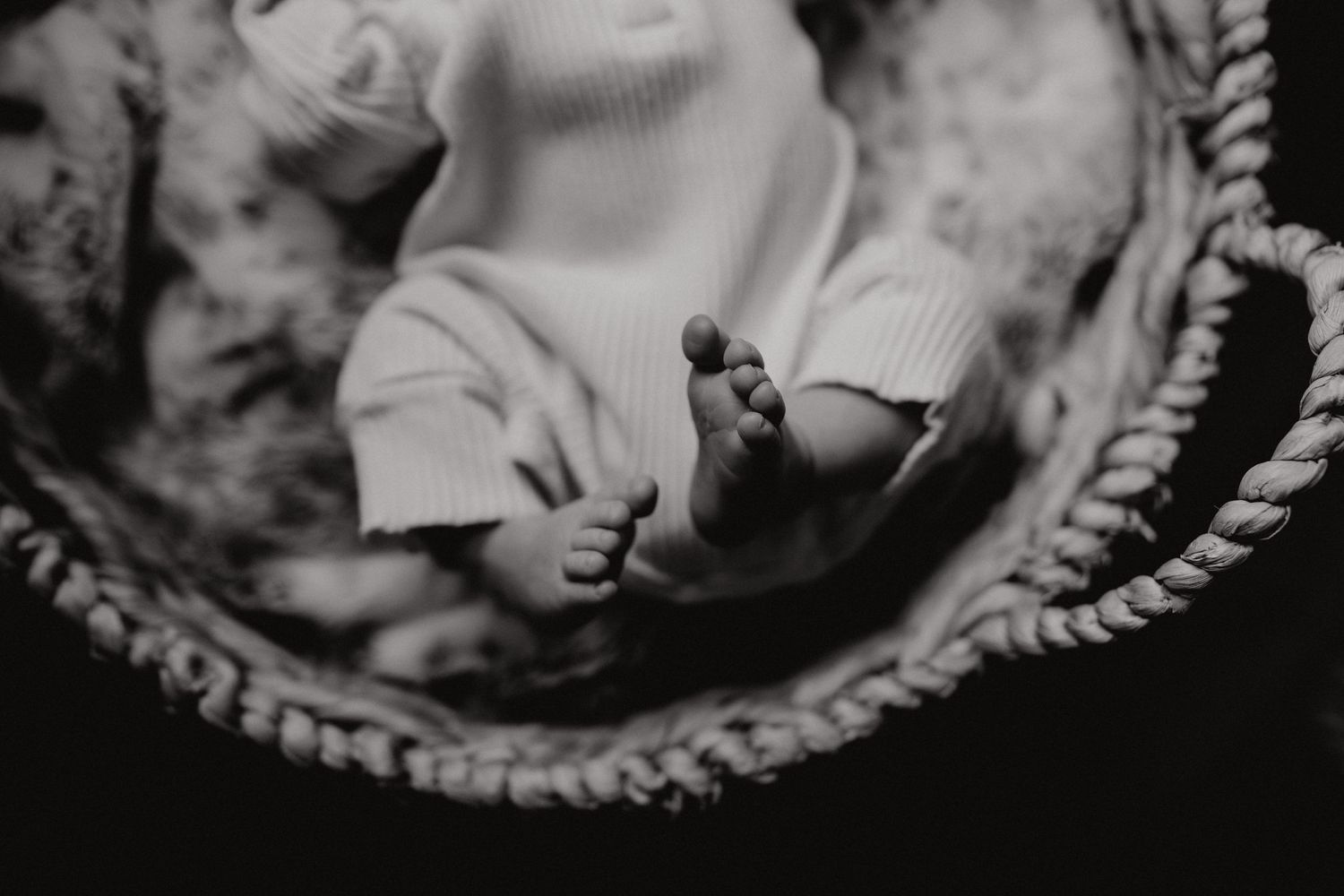 A sleeping newborn in a woven basket with white textiles.
