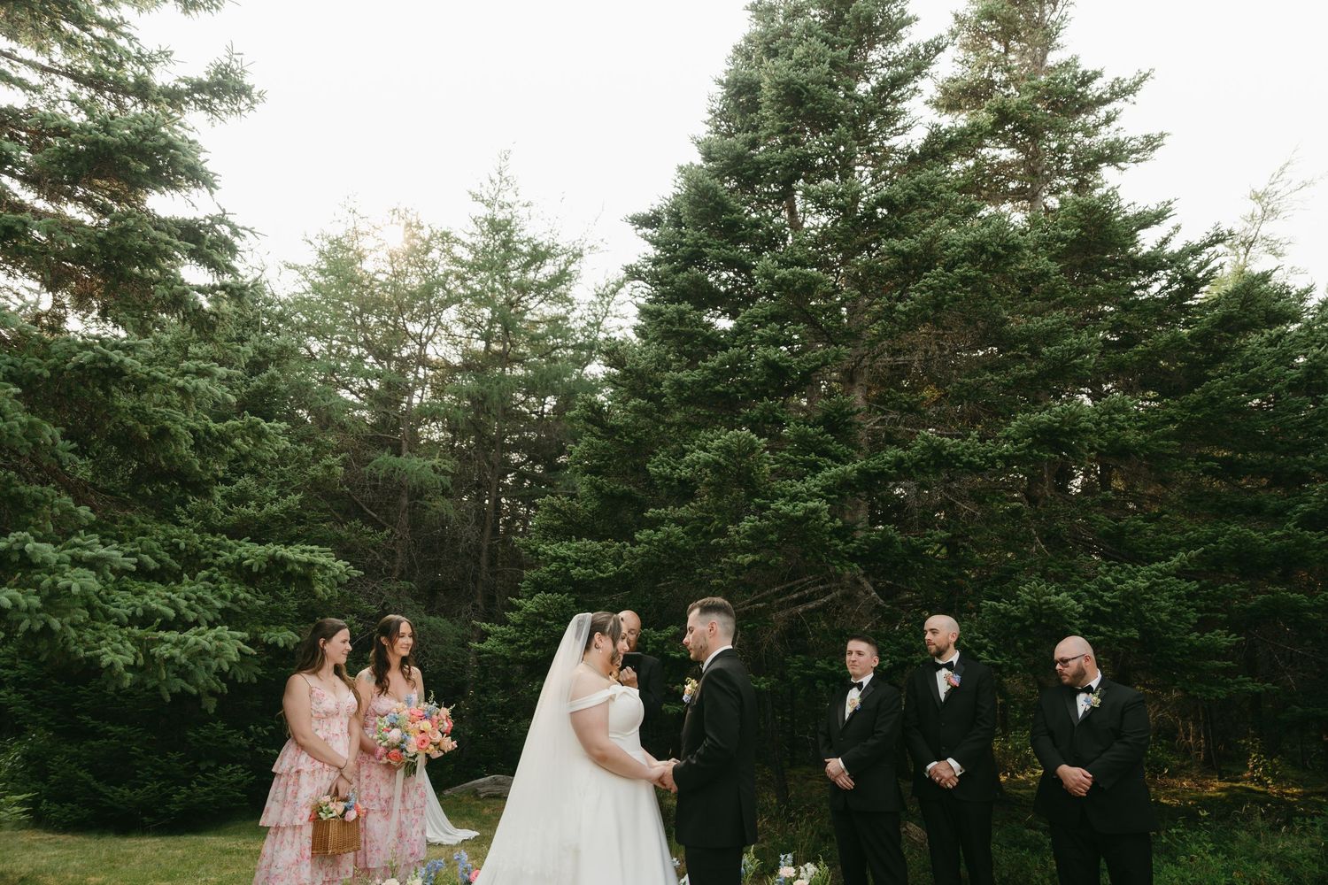 Wedding celebration captured in panoramic view showing ceremony details and forest surroundings.