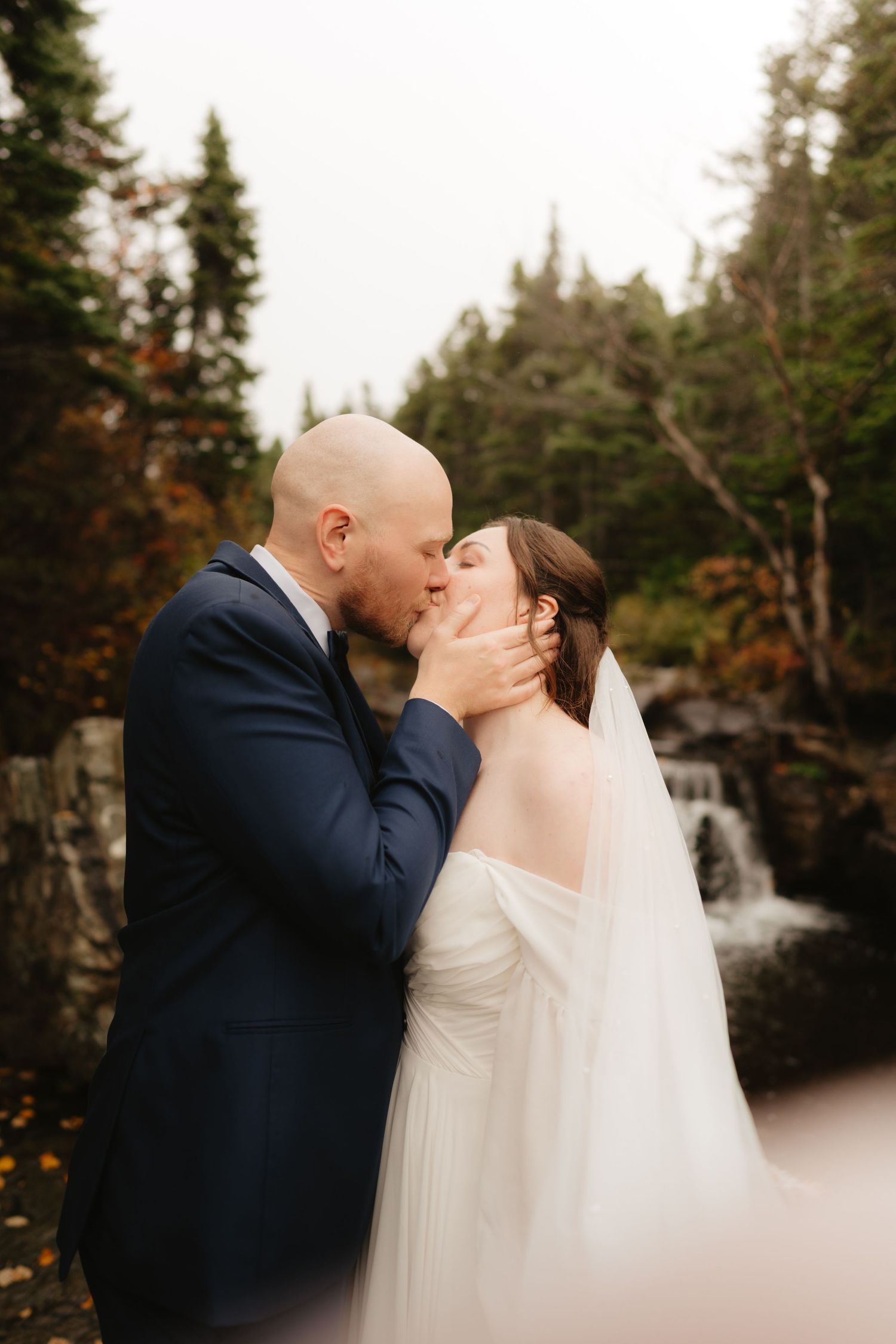 A romantic wedding kiss captured in a forest setting with evergreen trees and a flowing veil in the background.