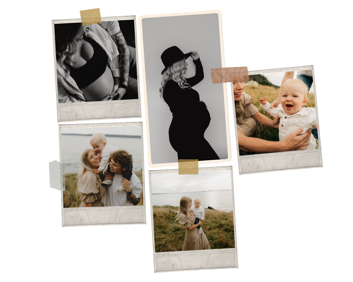 A collection of five polaroid-style photos showing pregnancy, family, and lifestyle moments taped to a white background.