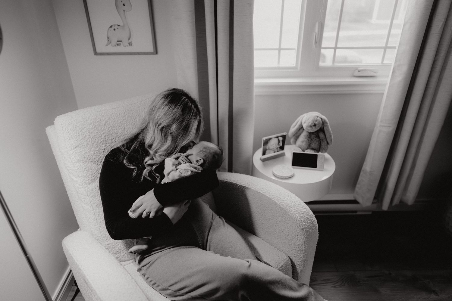 Panoramic black and white shots of a peaceful nursery scene.