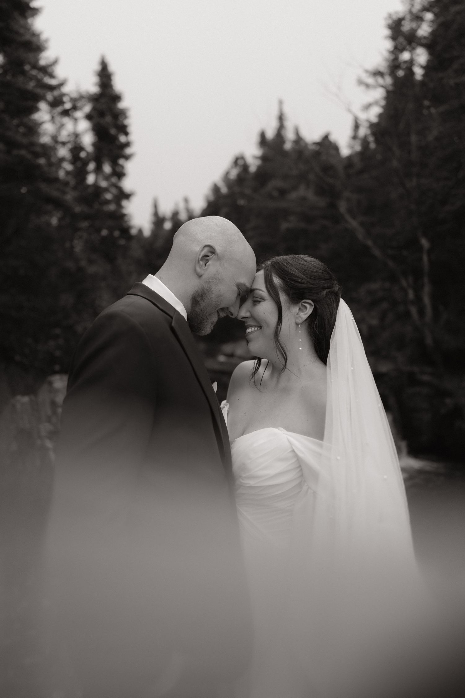 A romantic black and white wedding photo sequence showing a couple sharing a tender kiss against a forest backdrop.