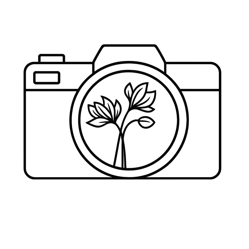 Simple line drawing of a camera with a growing plant stem and leaves visible through the lens.