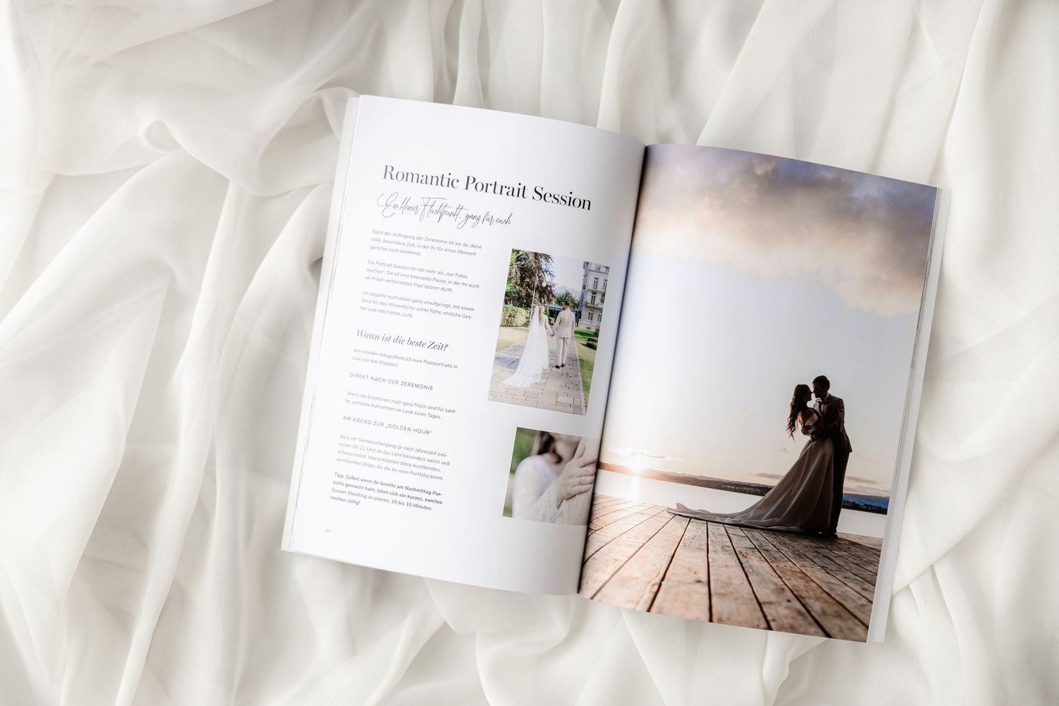 Open wedding photography magazine showcasing a romantic portrait session with couple silhouetted at sunset on a dock.