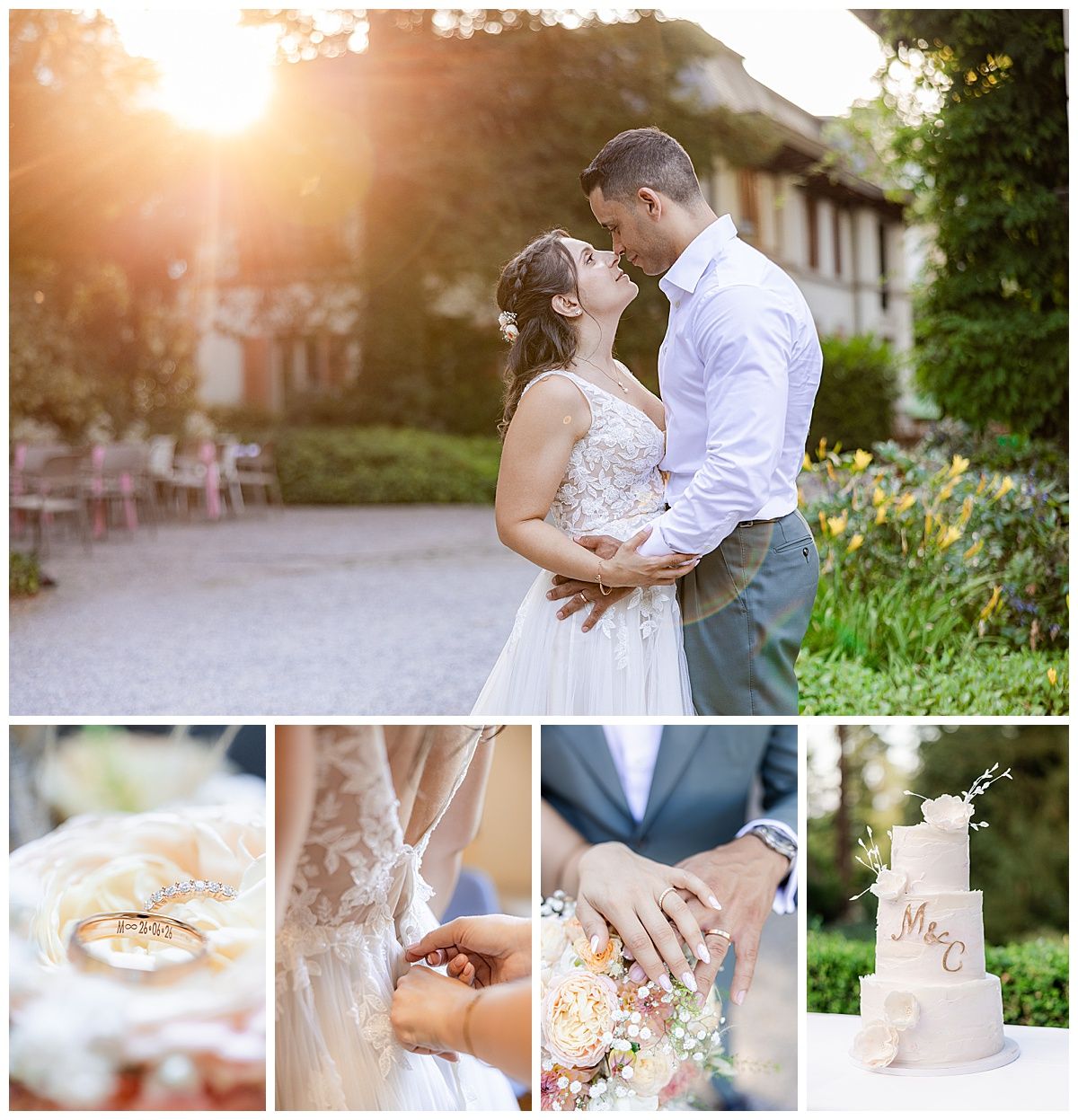 Romantic wedding collage featuring couple embracing at golden hour, close-up of rings, bridal bouquet, and elegant white cake.