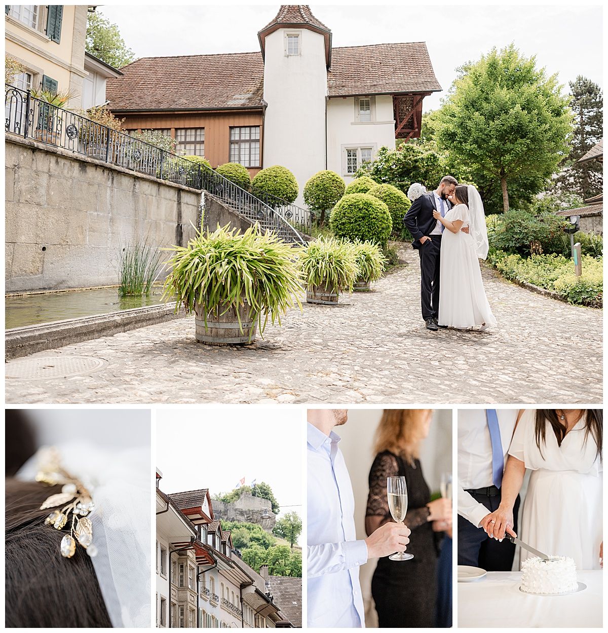 Bride and groom share a romantic kiss in a European garden courtyard, with elegant topiary and a historic building backdrop.