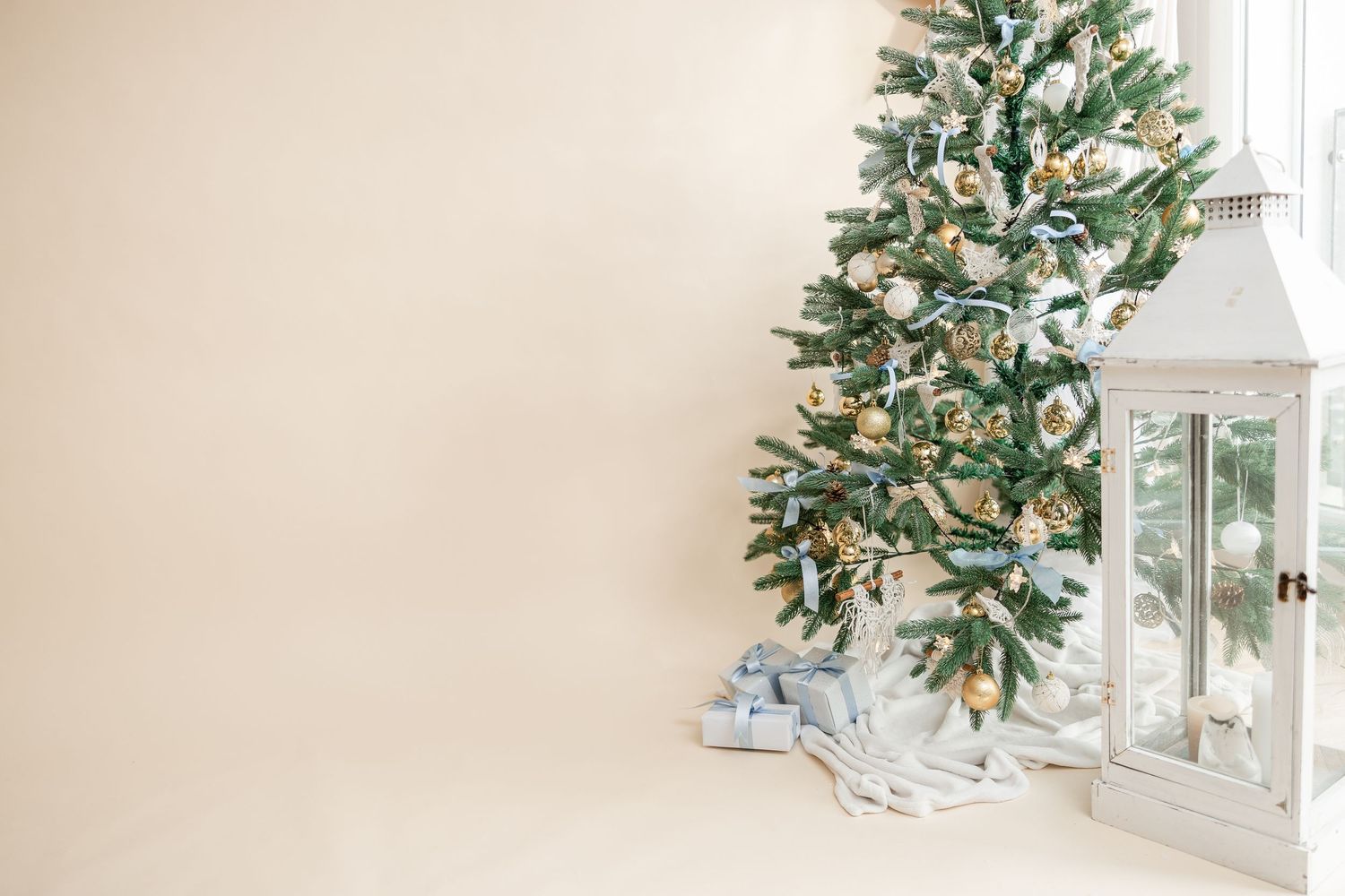 Elegant white and green floral holiday decorations arranged around a bright window frame with natural light.