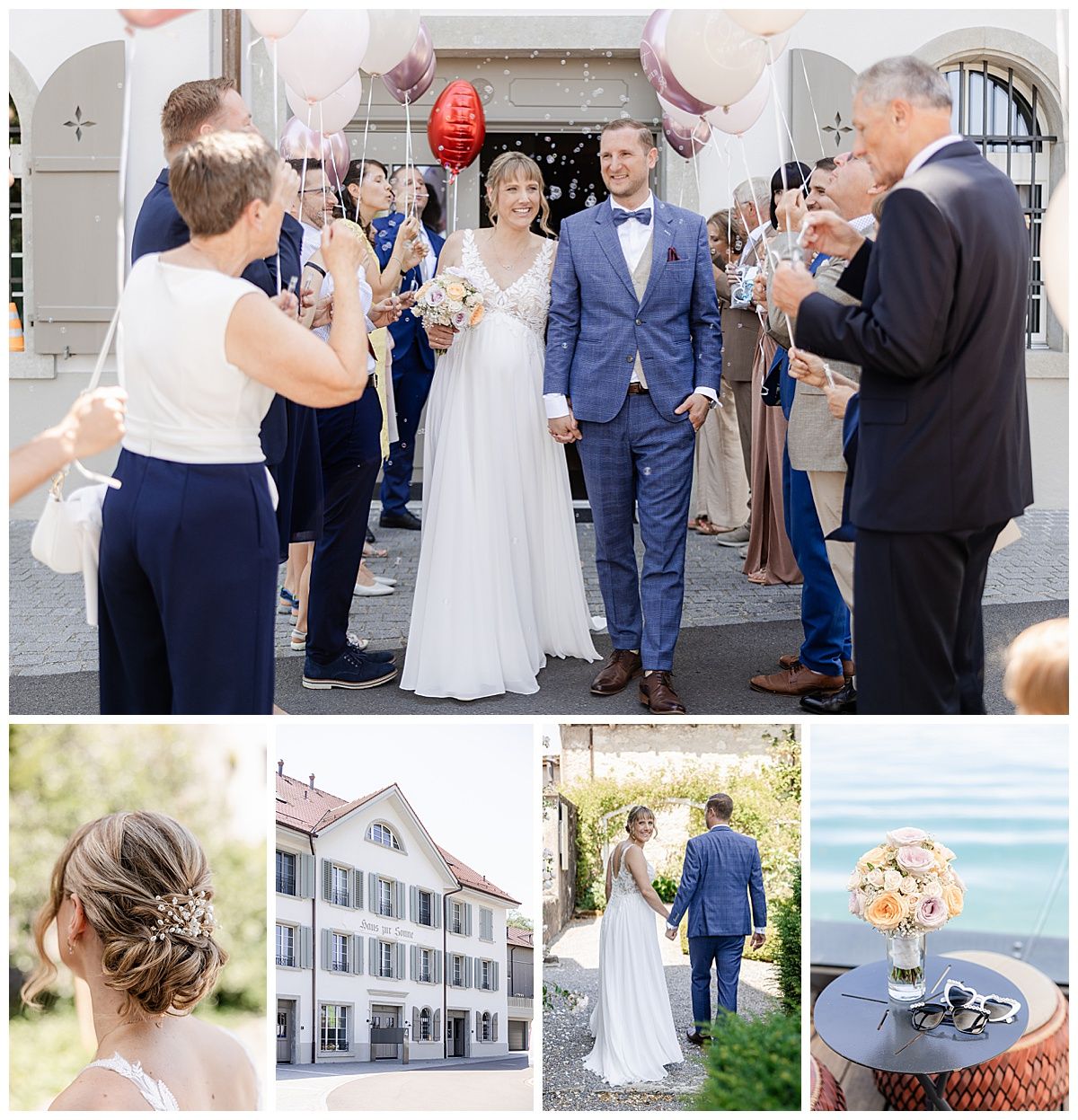 Bride and groom exit church ceremony as guests celebrate with balloons, collage includes venue exterior and lakeside couple portrait.