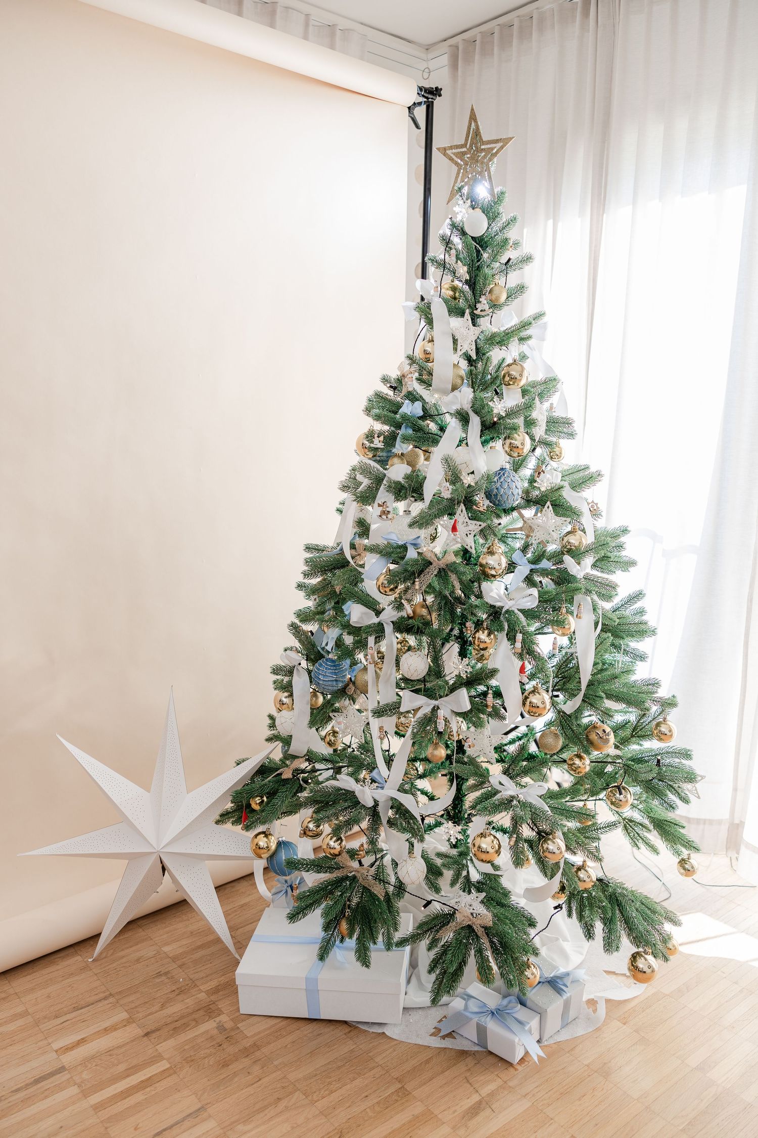 A white and silver decorated Christmas tree with star ornaments stands elegantly on hardwood flooring near a bright window.