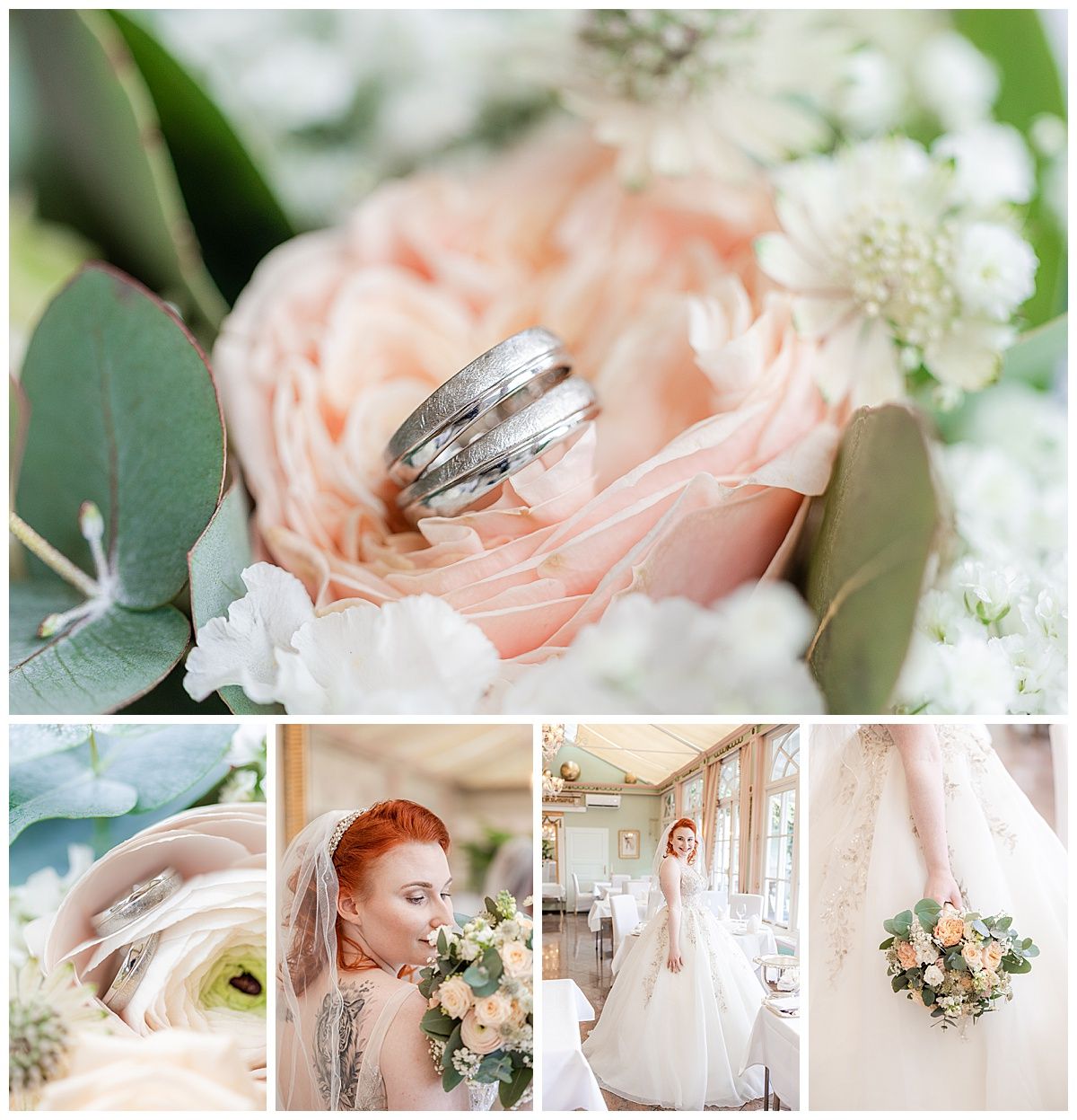 Wedding rings resting on a blush pink rose bouquet with white flowers and eucalyptus, alongside a bride with red hair and lace veil.