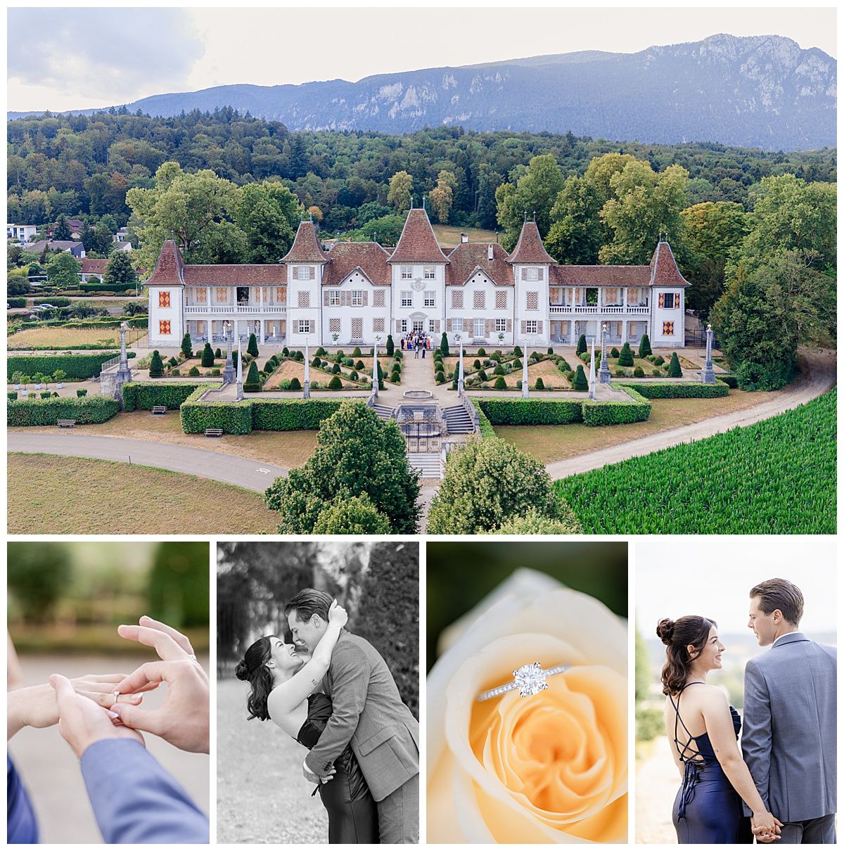 Aerial view of elegant French chateau wedding venue surrounded by manicured gardens, vineyards, and forested mountains.