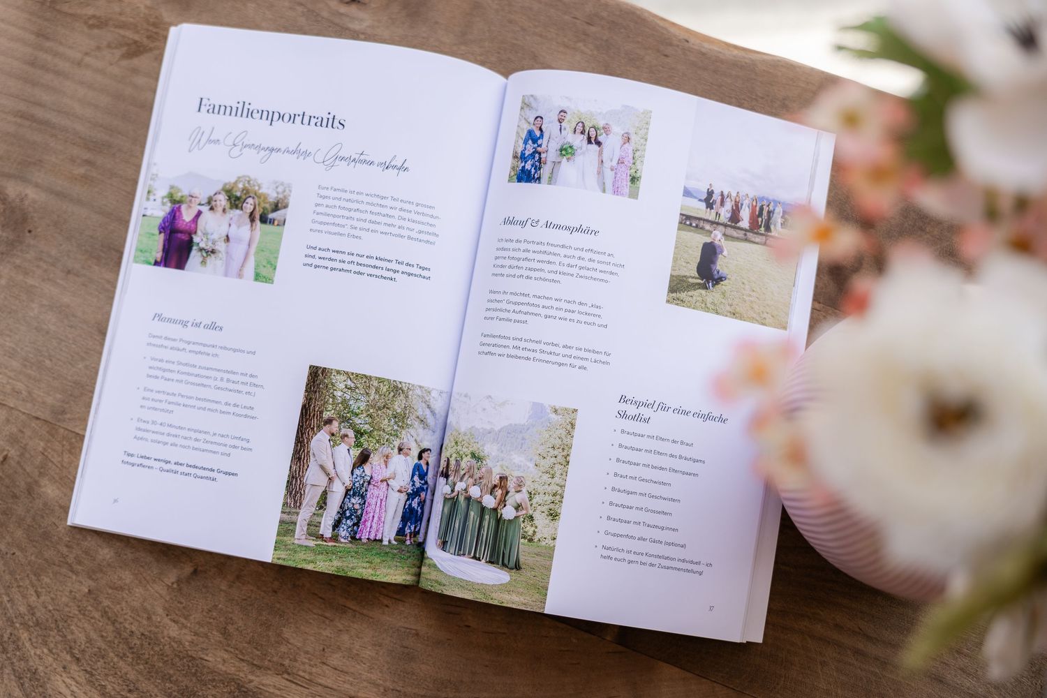 Open wedding photography magazine showing family portrait guides with elegant photos of bridal parties in pastel dresses outdoors.
