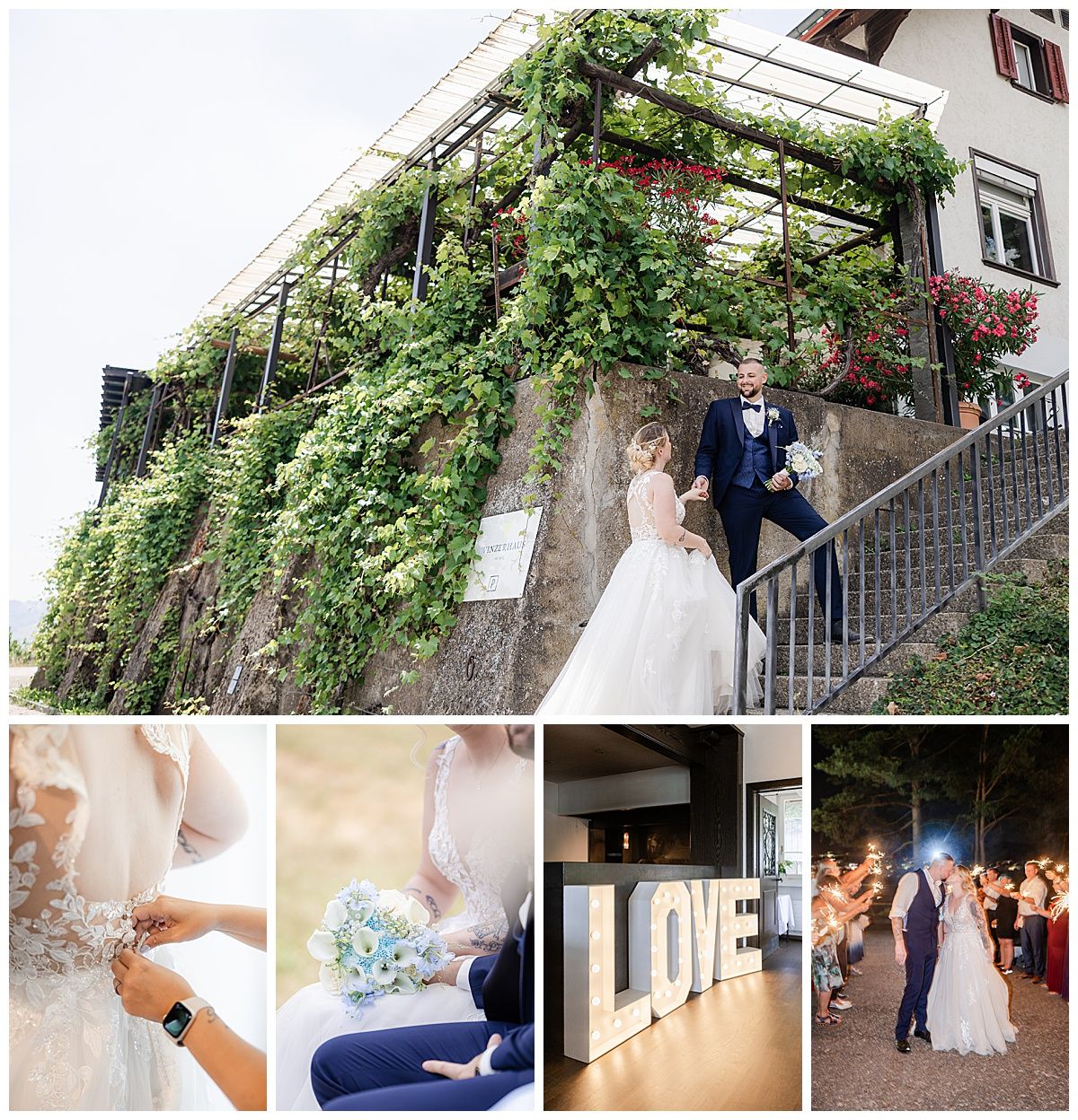 Wedding collage featuring couple on ivy-covered stairs, bridal details, LOVE marquee letters, and sparkler send-off celebration.