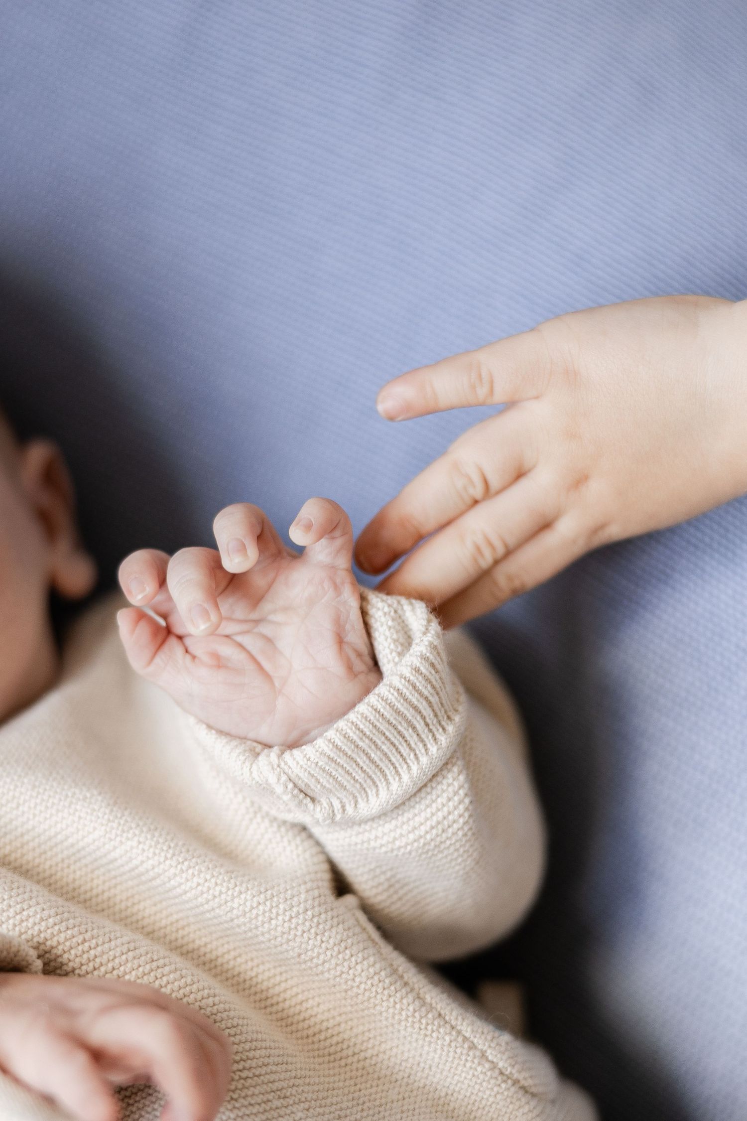 Newborn and toddler hands side by side on blue blanket