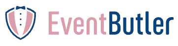 A logo design featuring a bowtie icon and the text EventButler in pink and blue colors.