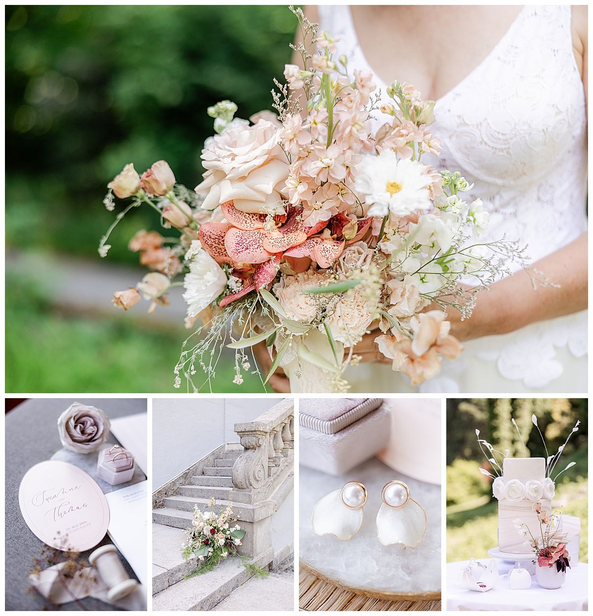 Bride holding a lush bridal bouquet with blush roses, dahlias, and wildflowers, paired with elegant wedding detail shots.