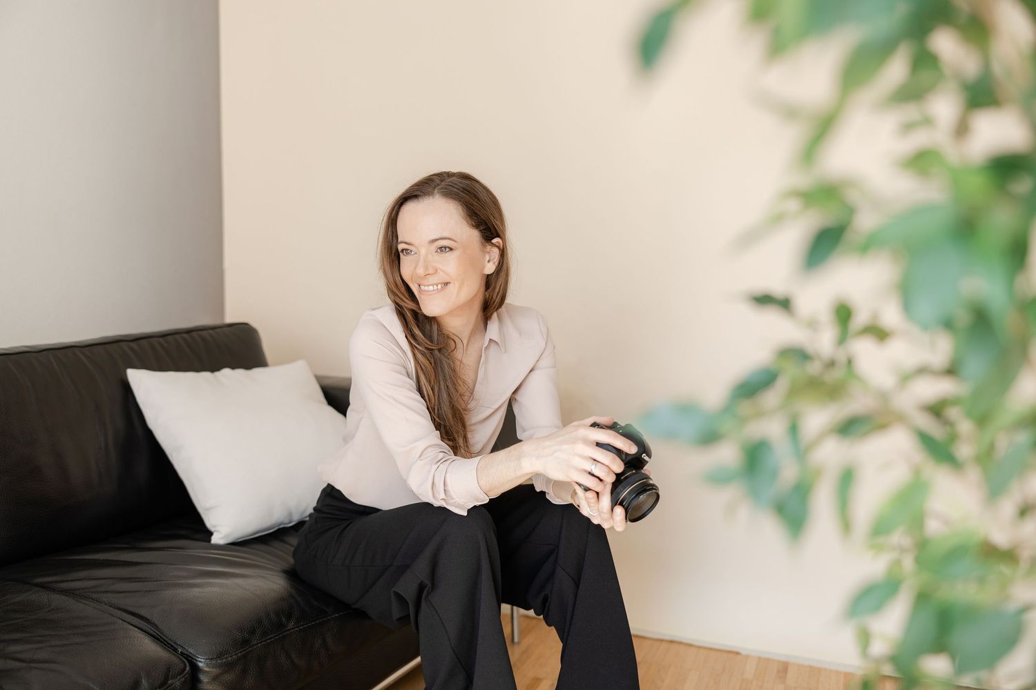 A series of professional lifestyle photos showing someone in casual attire with greenery visible in the background.