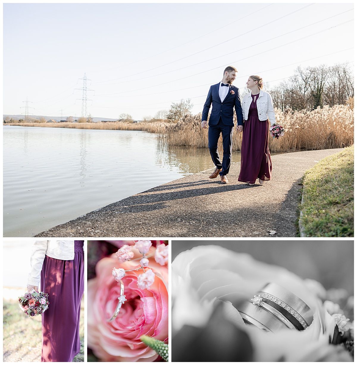 Couple walks hand-in-hand by a lake in wedding attire, with close-ups of a bouquet, pink rose, and wedding rings.