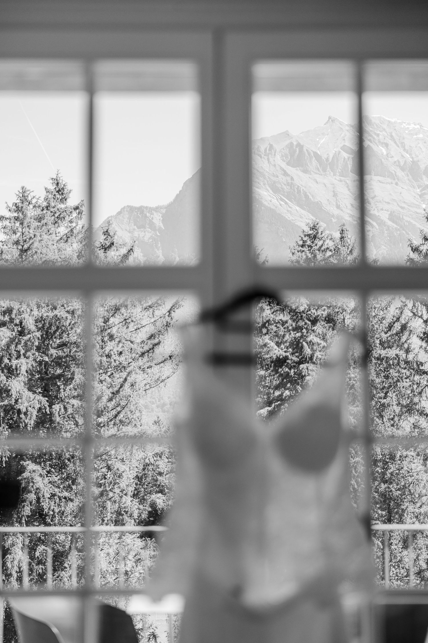 Black and white photo of a wedding dress hanging in a window with mountain and tree views in the background.