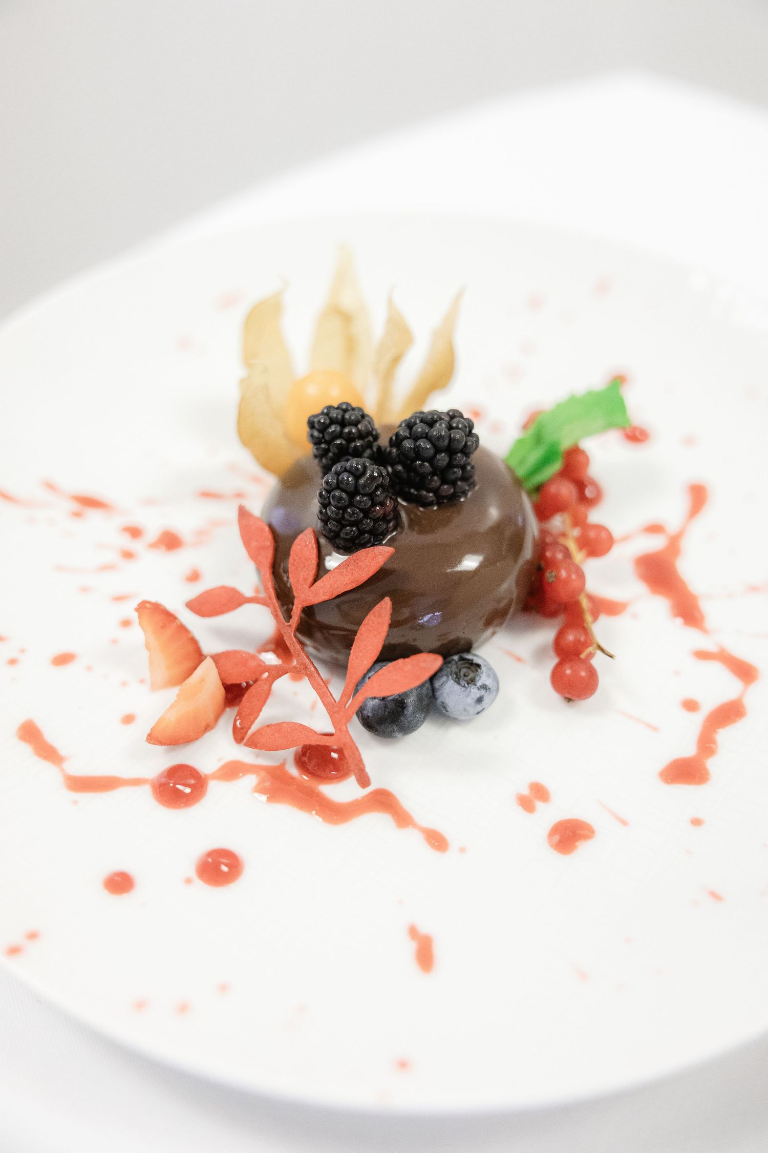 Chocolate covered dessert garnished with fresh blackberries and pink flower petals on a white plate.