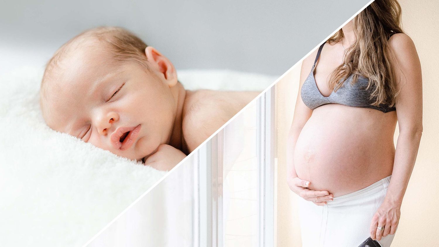A series of intimate maternity photos showing a pregnant belly and gentle hands cradling the baby bump.