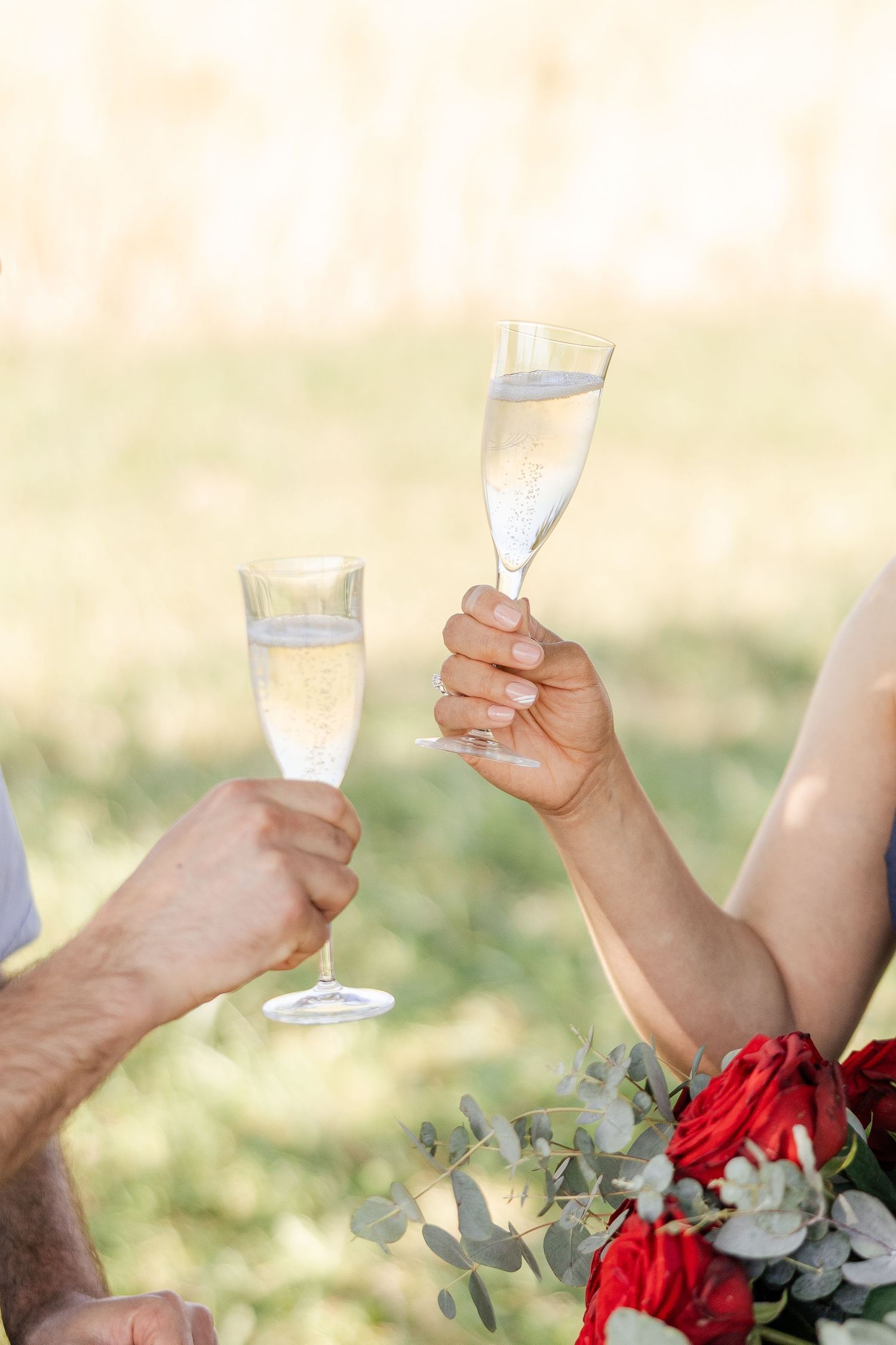 People raise champagne glasses in a celebratory toast with red roses and eucalyptus leaves visible in the outdoor setting.