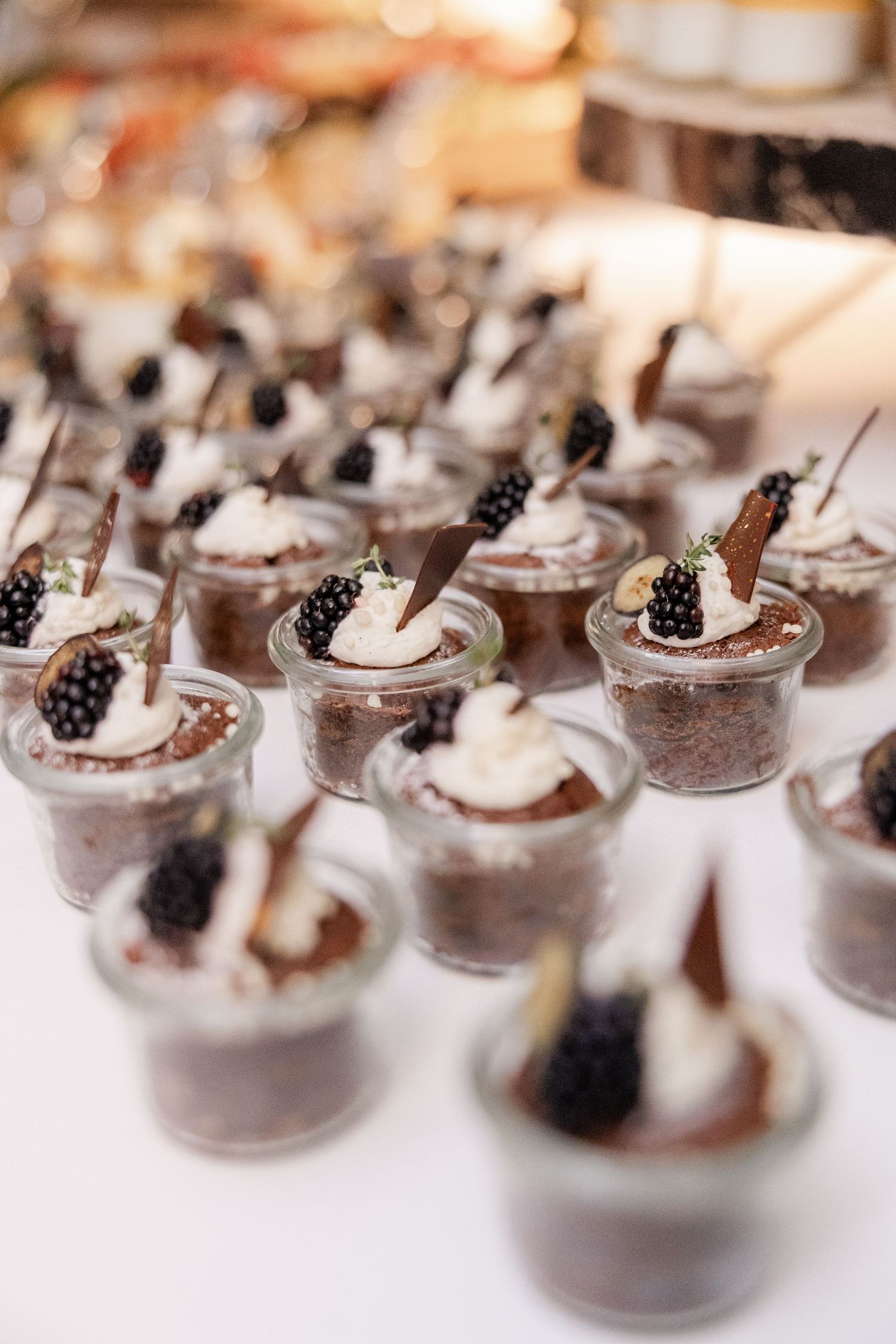 Rows of elegant chocolate mousse desserts in small glass jars topped with whipped cream, blackberries and chocolate garnish.