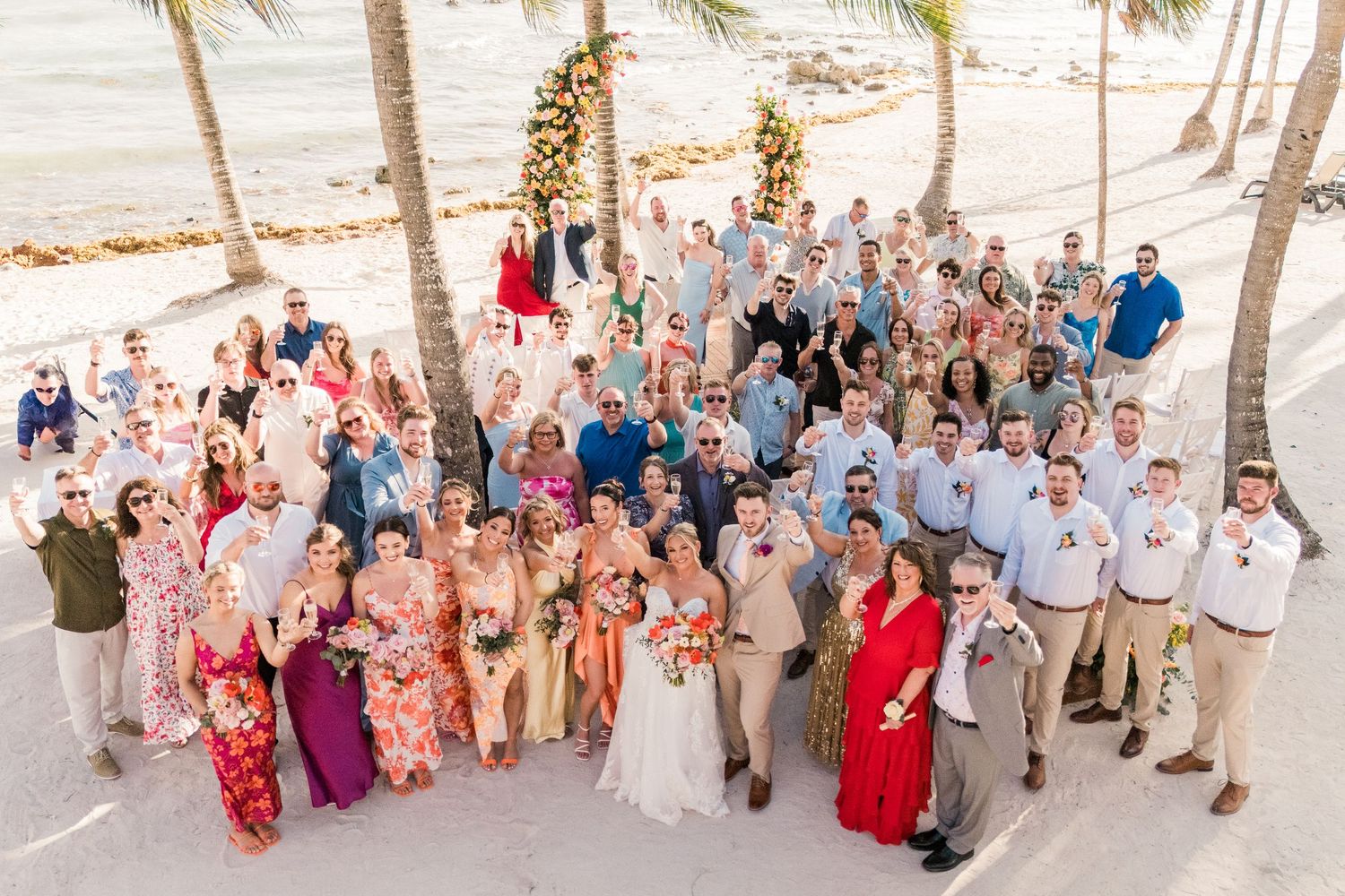 cancun wedding  photographer and filmmaker - drone wedding group picture