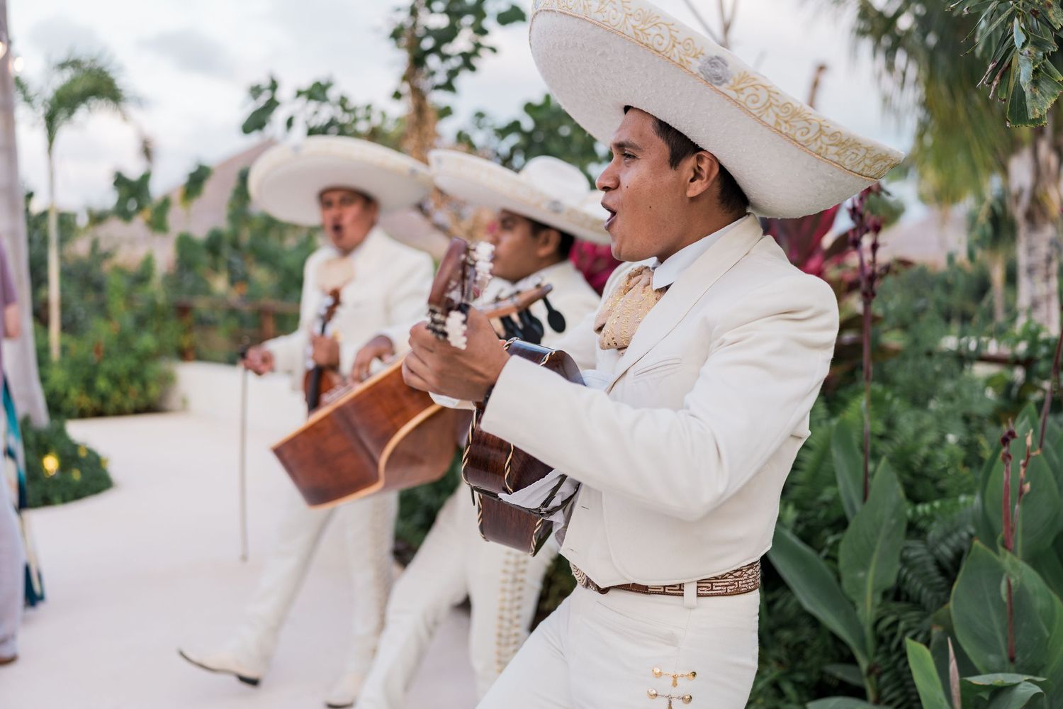 Mariachi band in white charro suits and sombreros playing guitars at an outdoor event surrounded by tropical greenery.