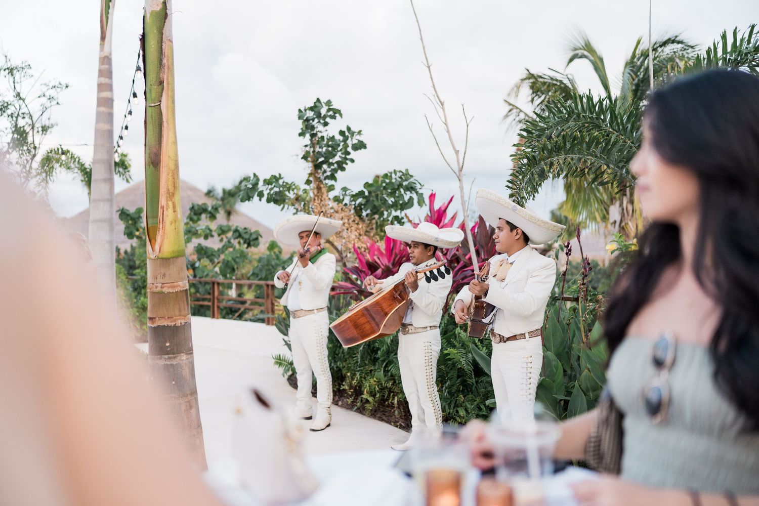 Mariachi band in white suits performing outdoors at a tropical wedding reception with lush palm trees.