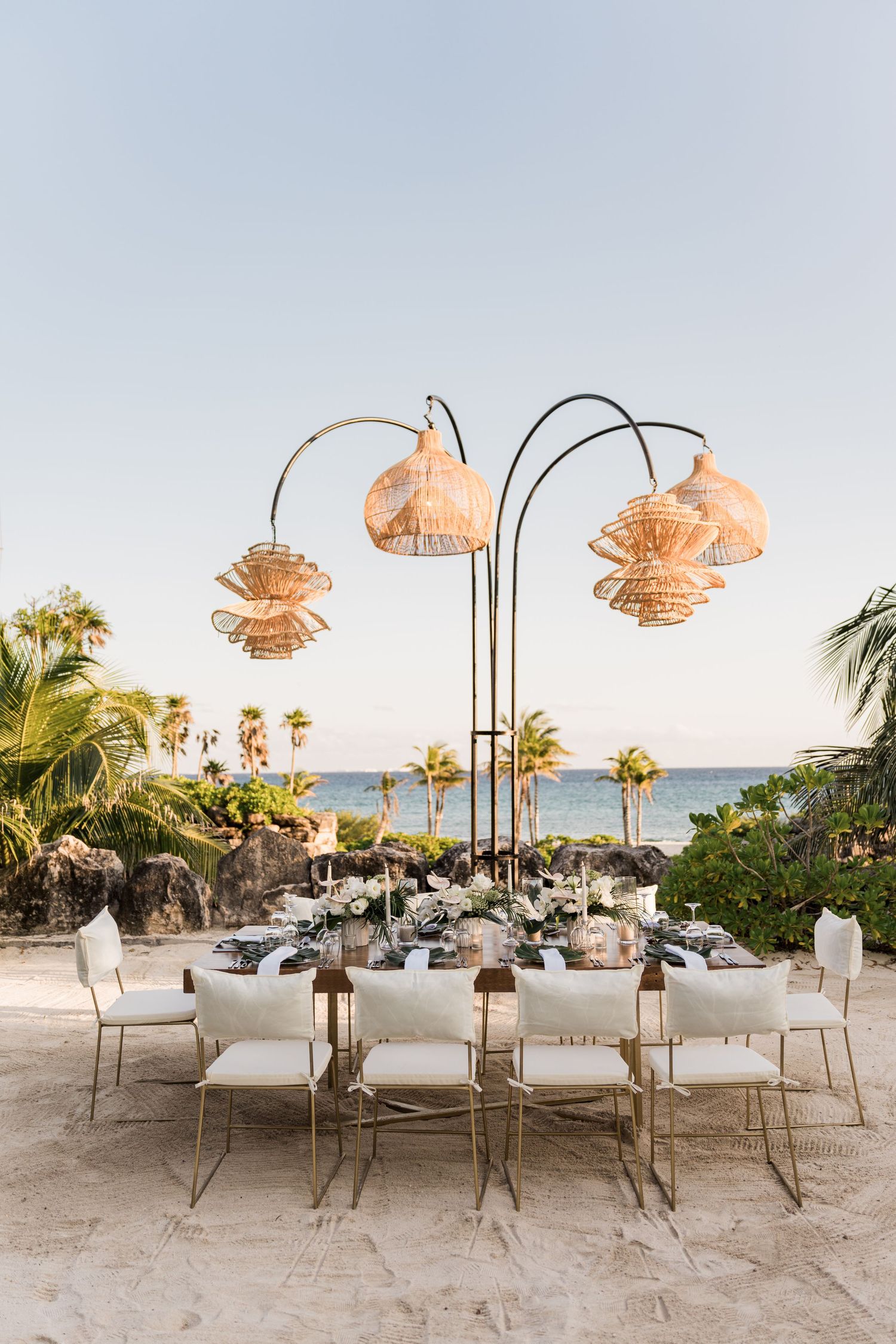 Elegant outdoor beach wedding reception at Xcaret Mexico