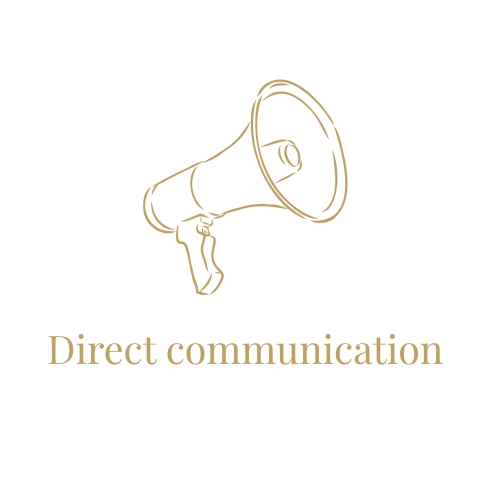 Gold megaphone icon with direct communication text on white background.