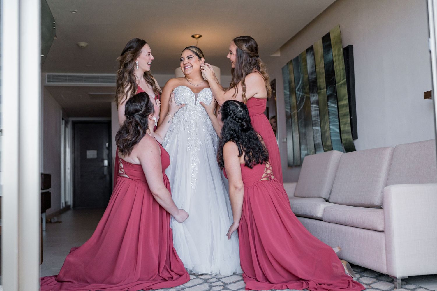 Royalton Riviera Cancun Wedding bridesmaids with bride getting ready
