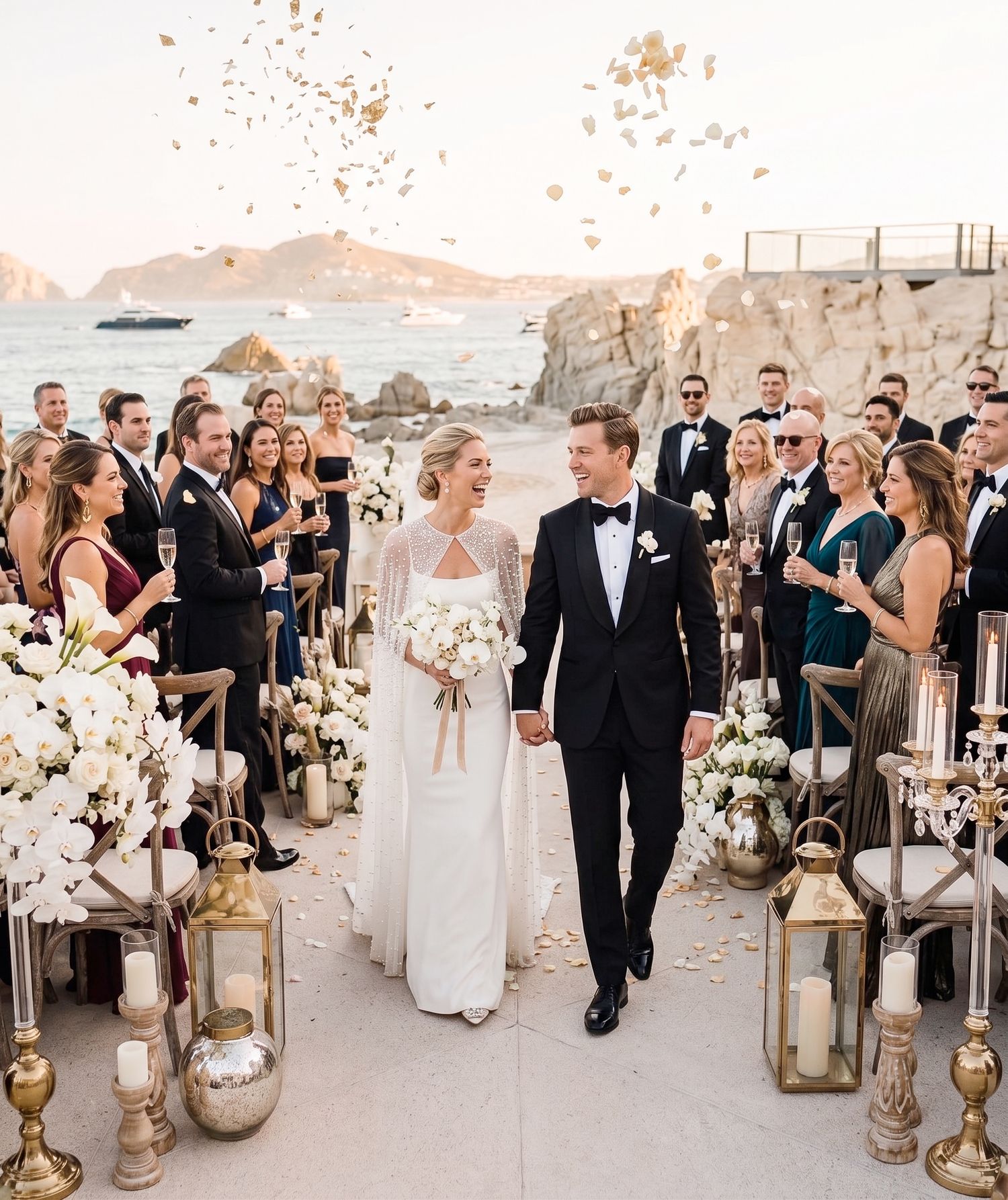 Bride and groom walk down outdoor aisle at oceanside wedding ceremony with guests cheering and gold lanterns.